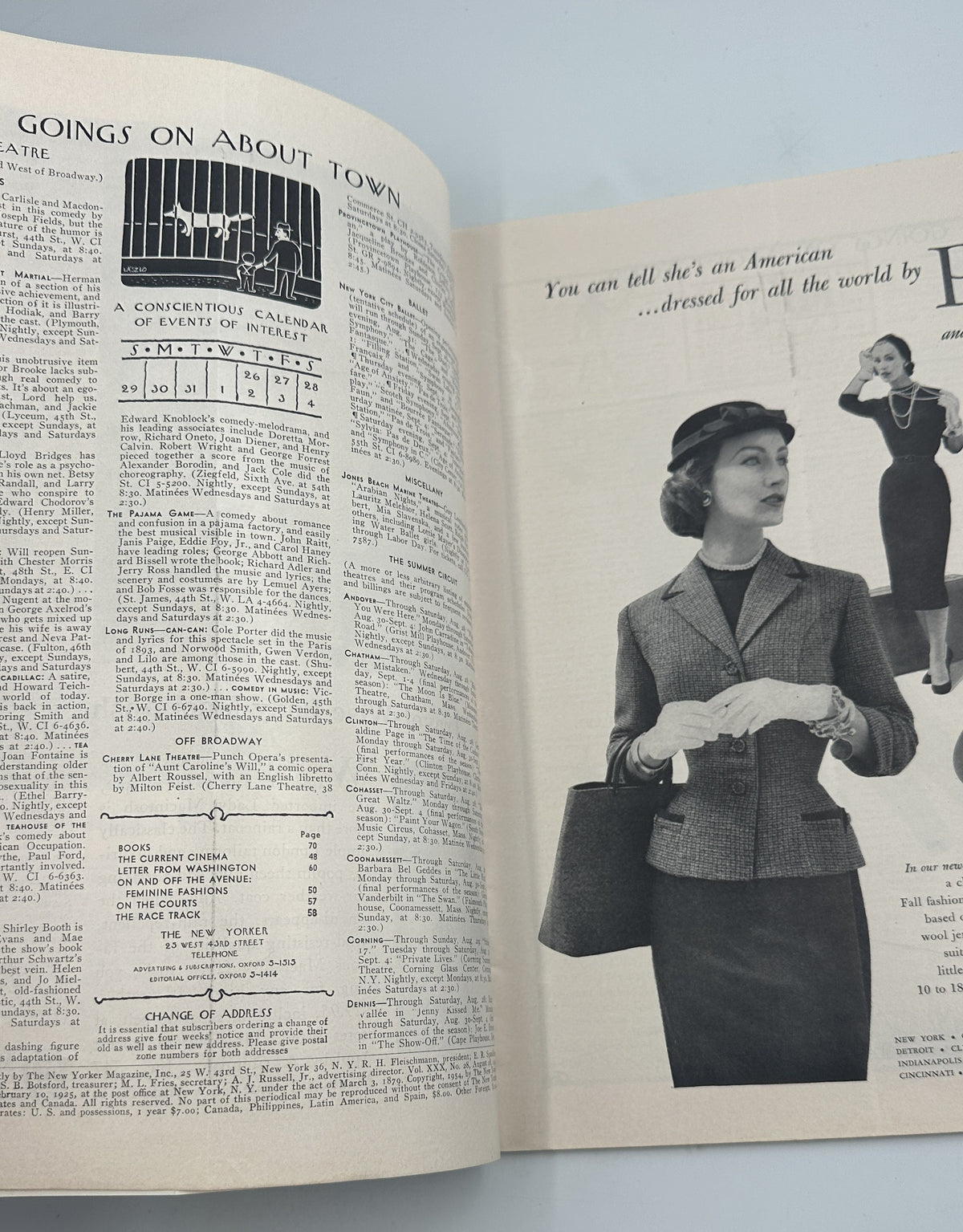 The New Yorker Magazine August 28, 1954 Fountain Garrett Price Cover open interior pages featuring a vintage women's fashion illustration and Goings on About Town listings