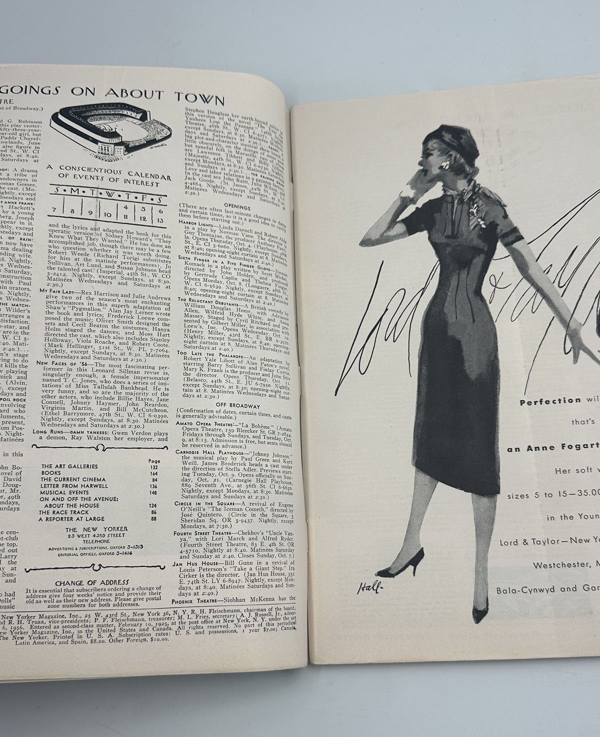 The New Yorker Magazine October 6, 1956 Football William Steig Cover opened to an interior contents page and fashion illustration