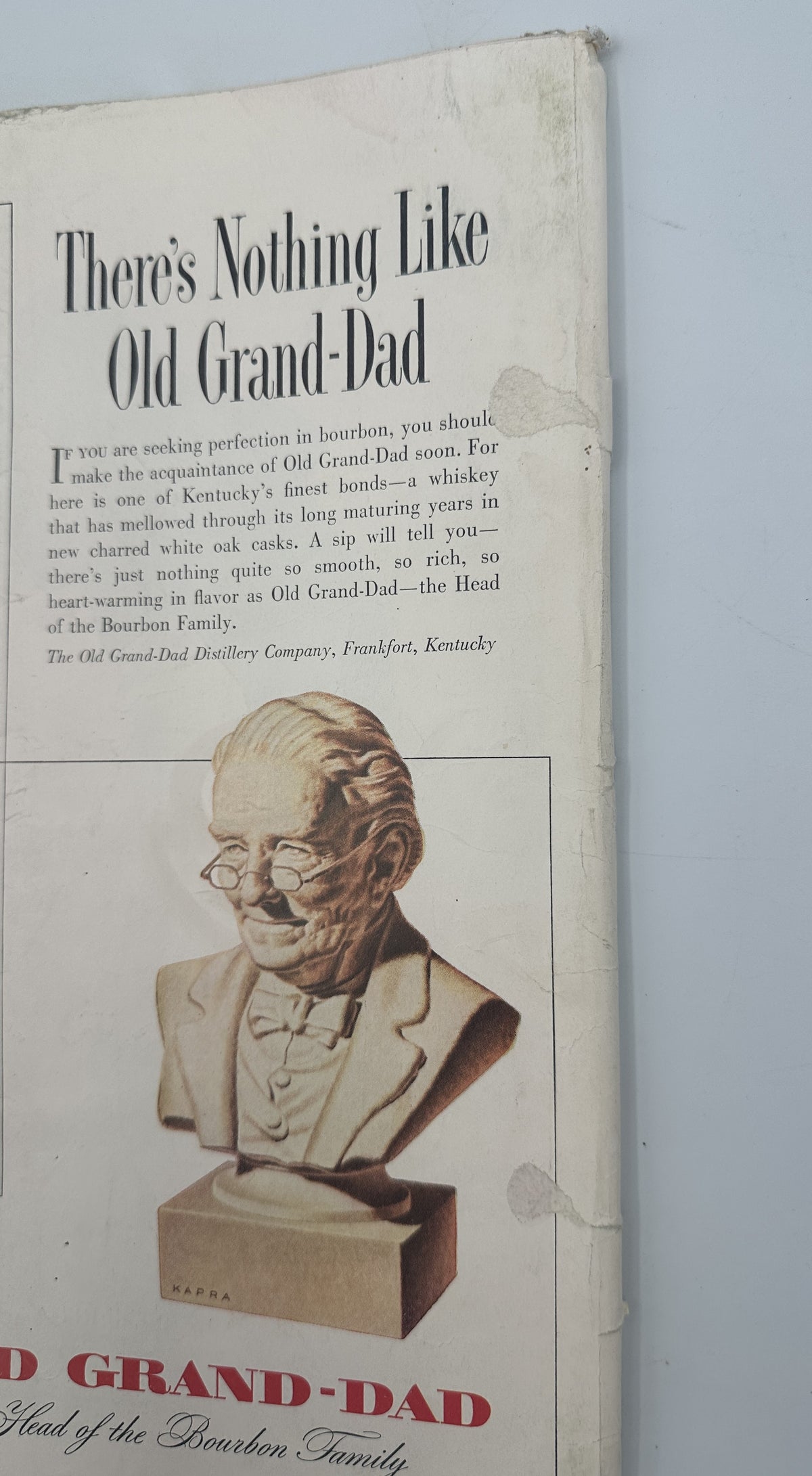 The New Yorker Magazine March 21, 1953 Newspaper Perry Barlow Cover interior page featuring a vintage Old Grand-Dad whiskey advertisement with illustrated grandfather bust