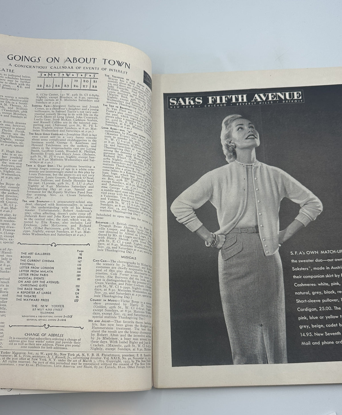 The New Yorker Magazine November 21, 1953 Christmas Gifts Julian de Miskey Cover interior page spread featuring the Goings On About Town listings and a Saks Fifth Avenue fashion advertisement.