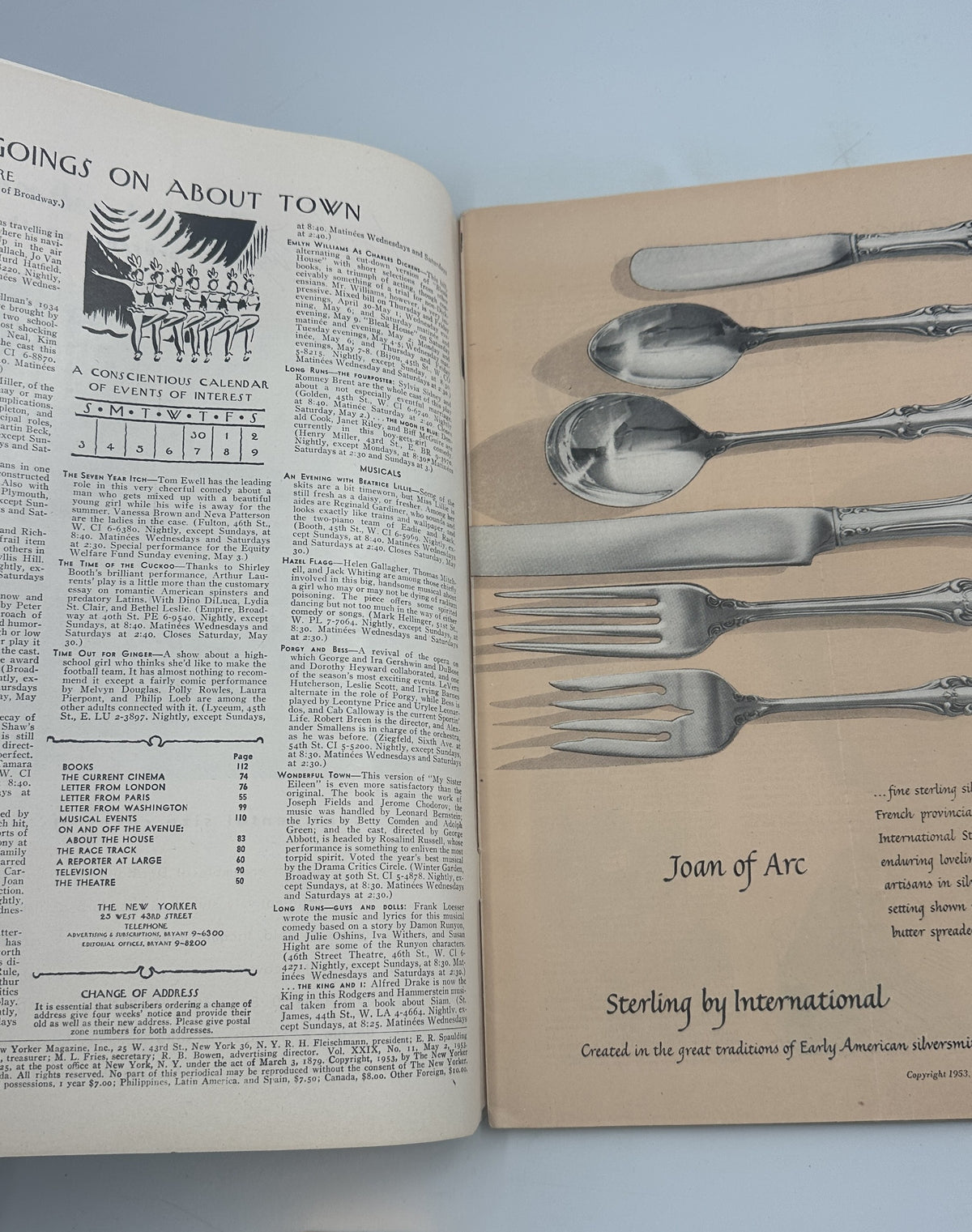 The New Yorker Magazine May 2, 1953 Parking Lot Night Arthur Getz Cover opened to an interior contents page beside a vintage Joan of Arc silverware advertisement.