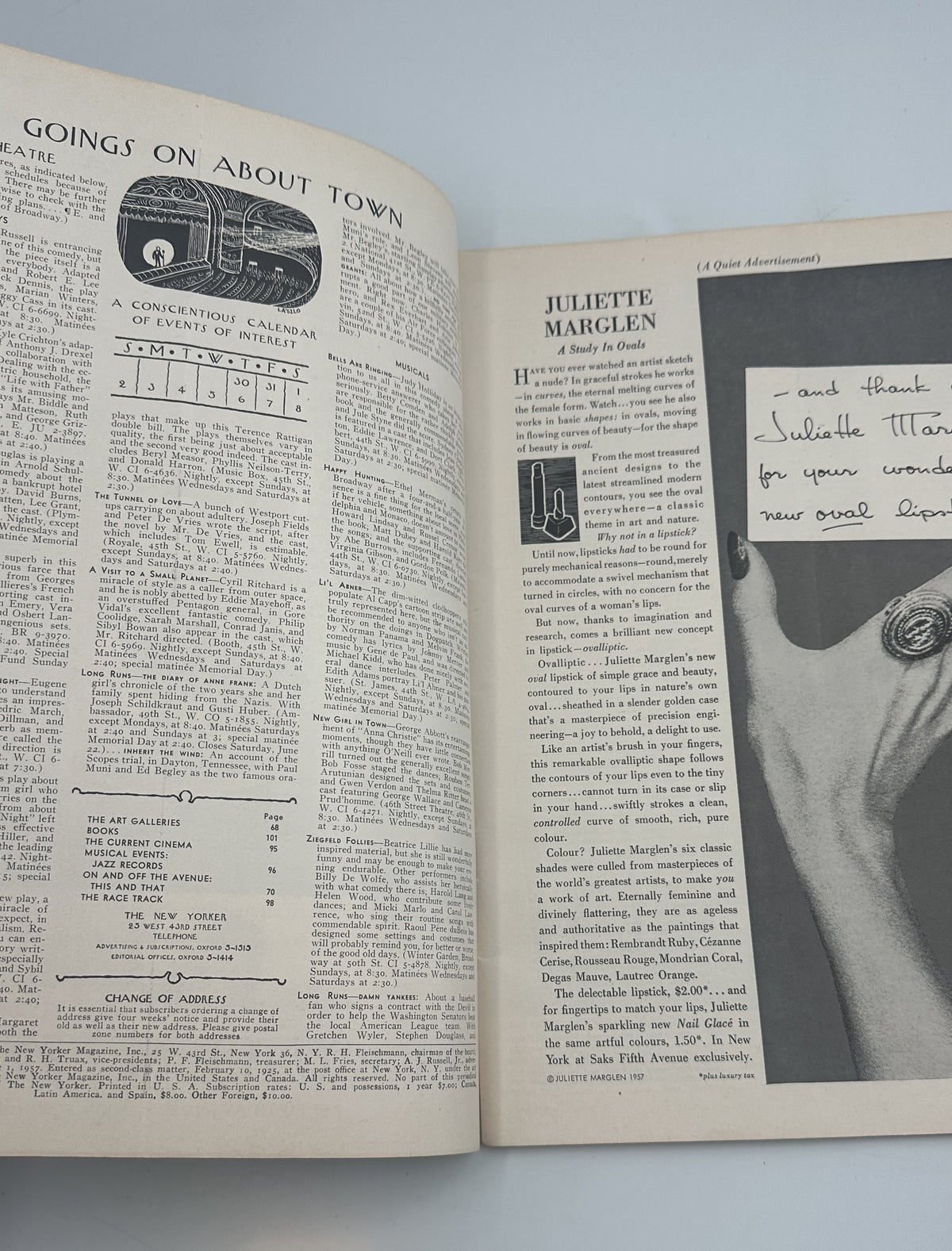 The New Yorker Magazine June 1, 1957 Graduation Perry Barlow Cover opened to interior pages featuring Going-On About Town and Juliette Marglen articles