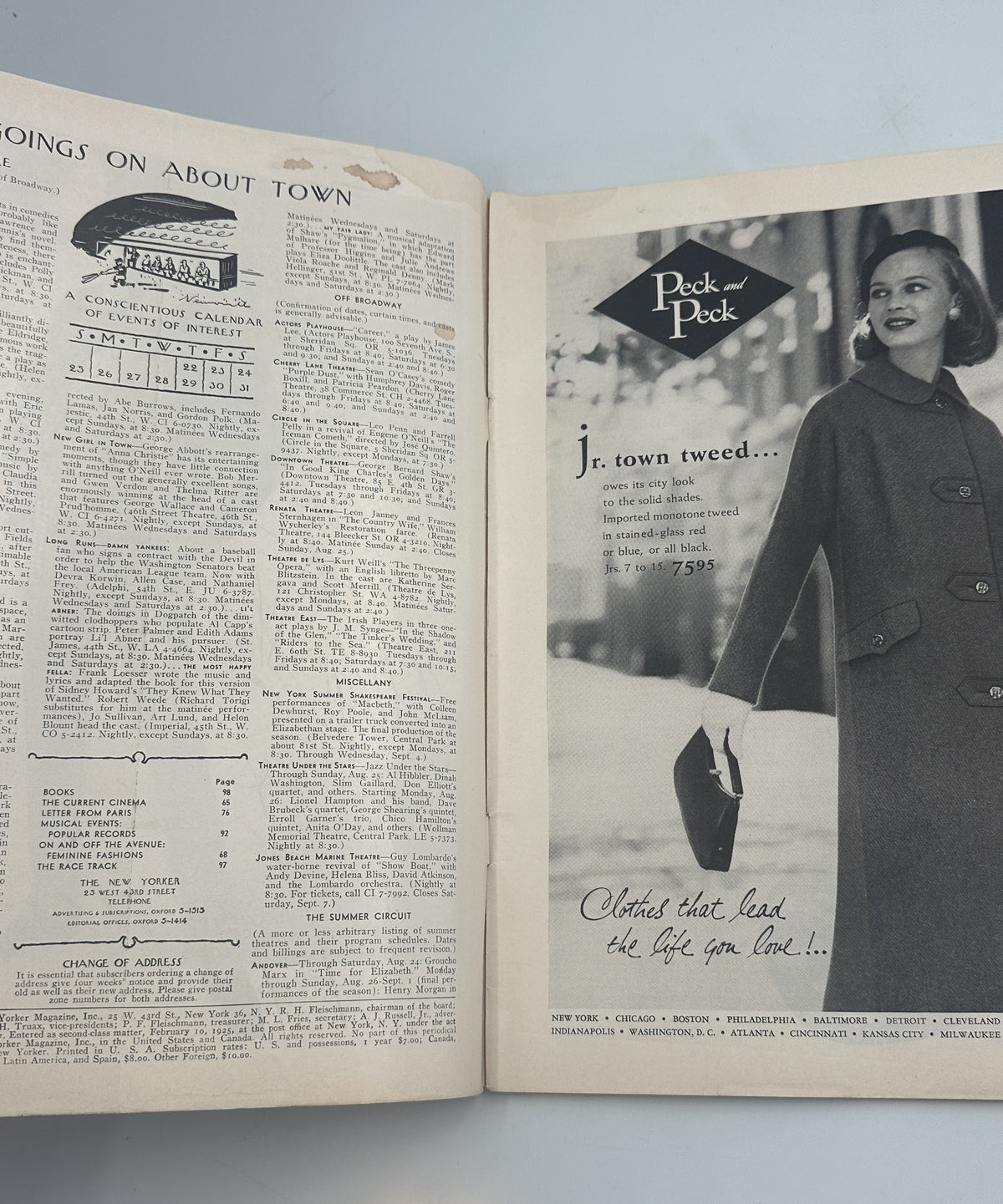 The New Yorker Magazine August 24, 1957 Ice Cream Truck Edna Eicke Cover opened to an interior contents page beside a vintage black-and-white Peck & Peck fashion advertisement.