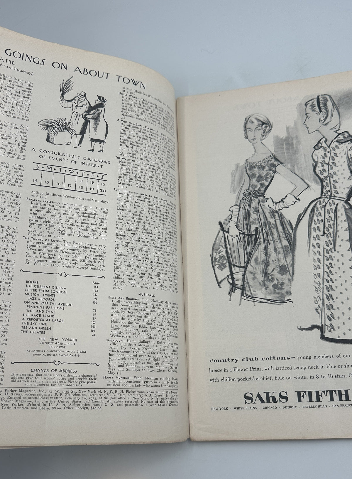 The New Yorker Magazine April 13, 1957 Baseball Pitcher Abe Birnbaum Cover, interior spread featuring illustrated women's fashion and Saks Fifth Avenue advertisement.