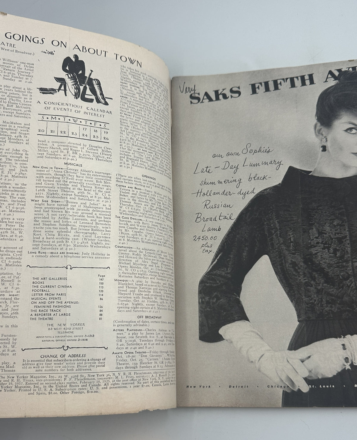 The New Yorker Magazine October 19, 1957 Art Gallery Abstract Anatol Kovarsky Cover opened to interior pages featuring Going On About Town listings and a Saks Fifth Avenue fashion advertisement.