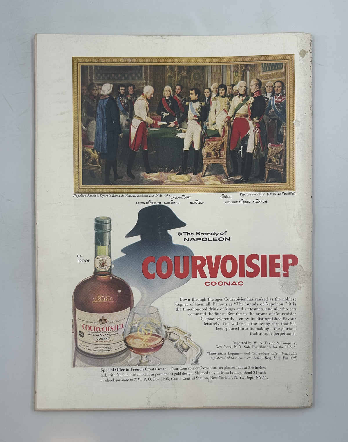 The New Yorker Magazine October 19, 1957 Art Gallery Abstract Anatol Kovarsky Cover showing a vintage Courvoisier Cognac advertisement with Napoleon artwork and a bottle of brandy.
