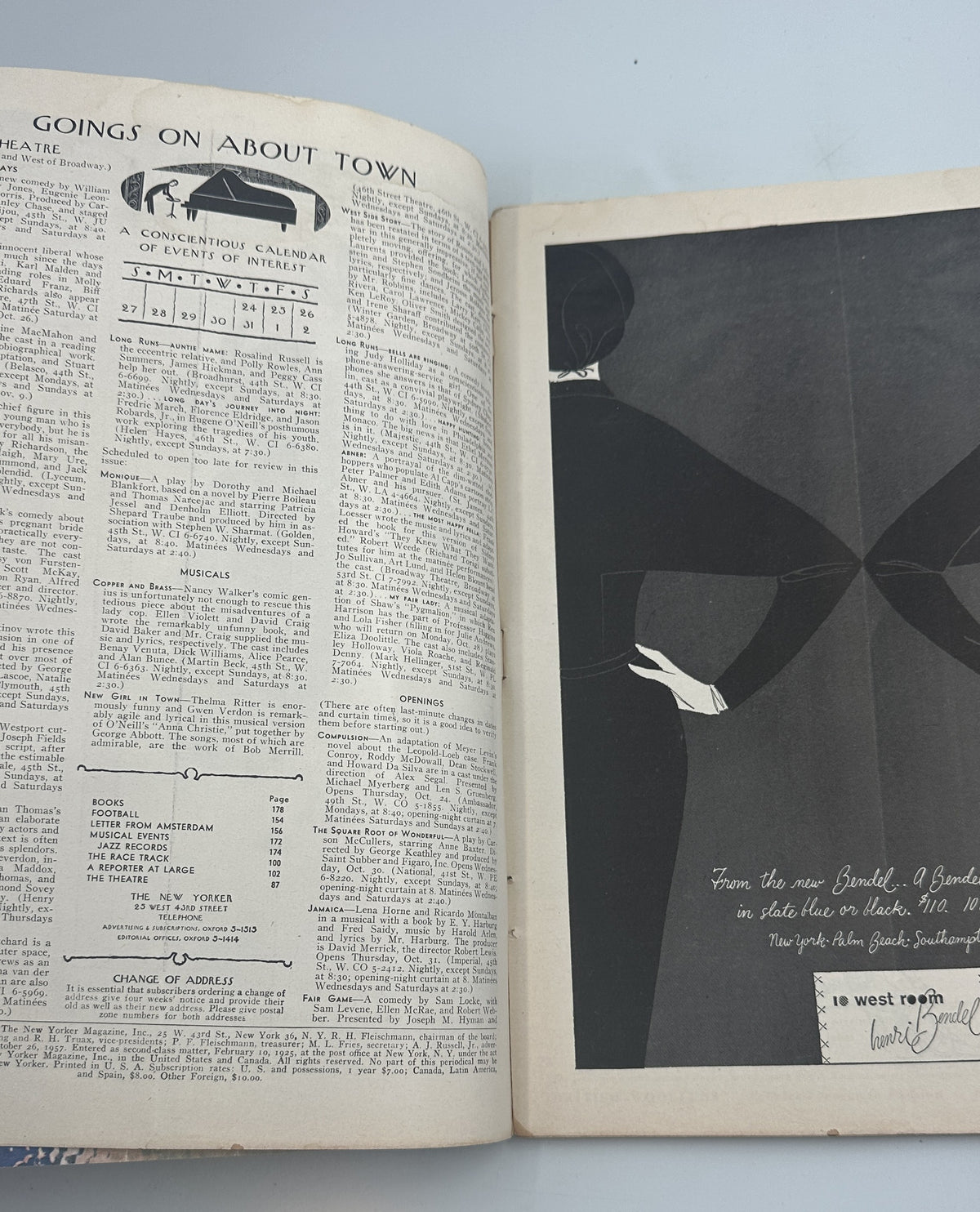 The New Yorker Magazine October 26, 1957 School Garrett Price Cover, open interior pages showing the Going On About Town section and a black-and-white advertisement.