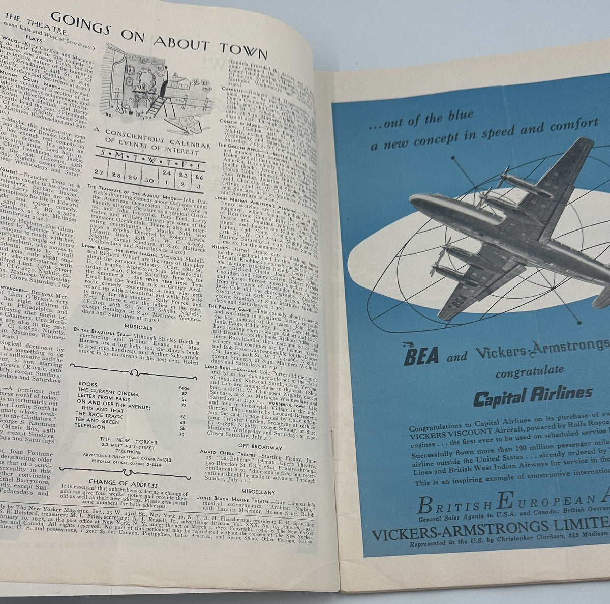 The New Yorker Magazine June 26, 1954 Cafe Patio Ludwig Bemelmans Cover opened to an interior contents page and vintage Capital Airlines advertisement featuring an airplane.