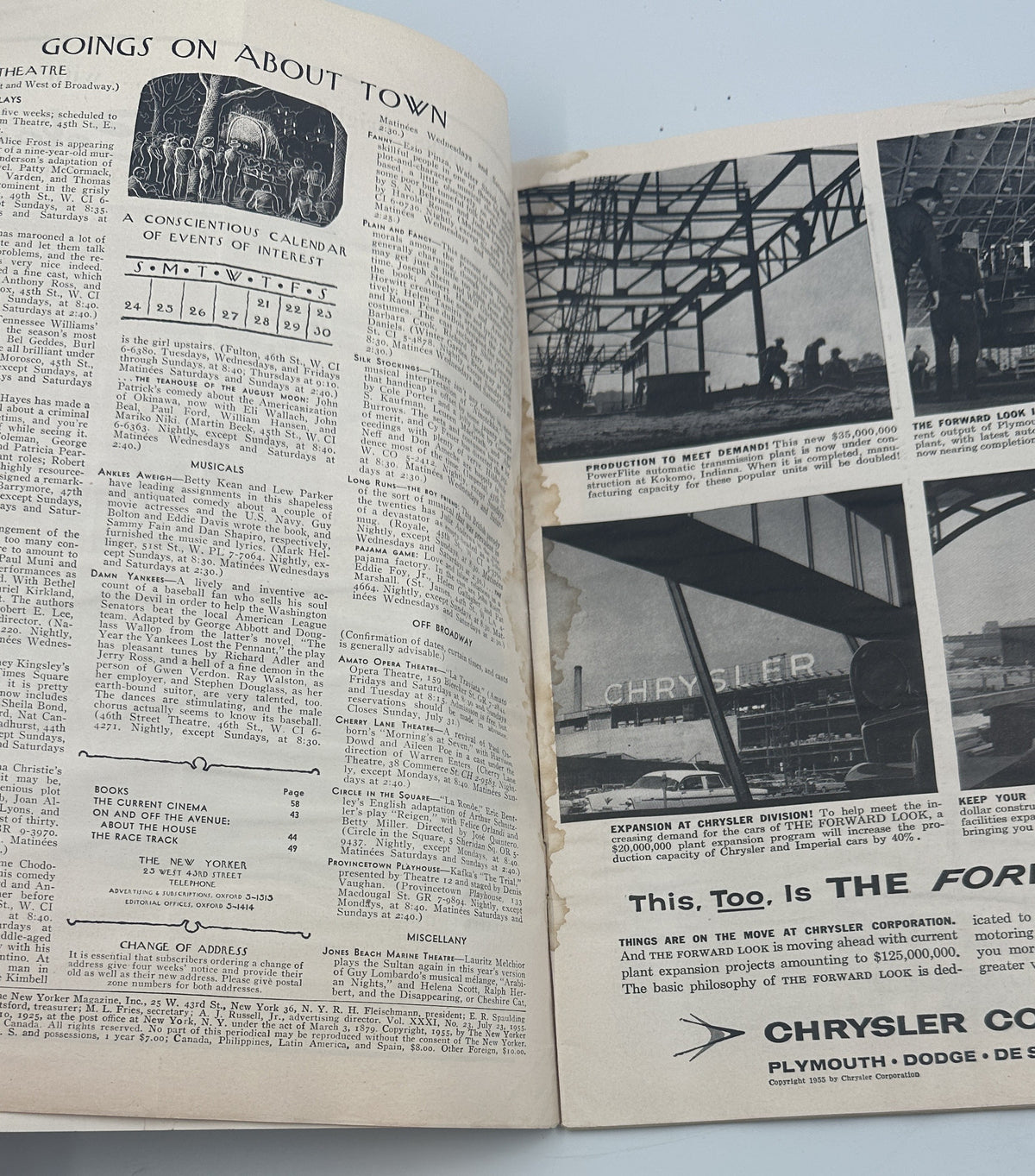 The New Yorker Magazine July 23, 1955 Picnic Music Score Ilonka Karasz Cover, open to interior pages with Going's On About Town listings and vintage Chrysler advertisements.