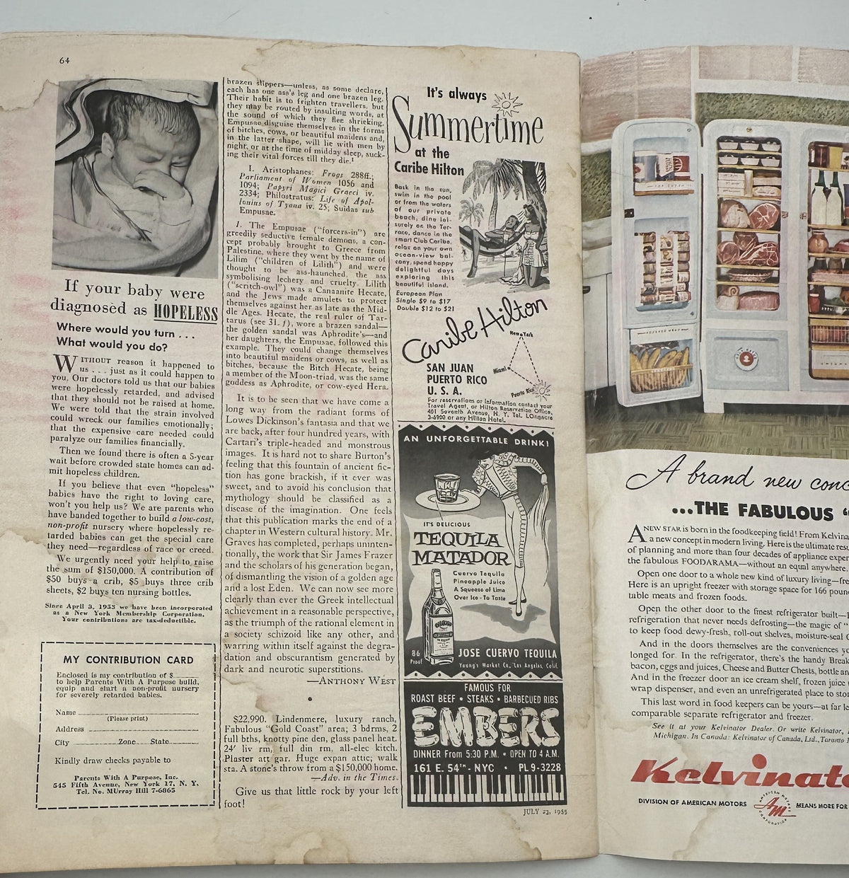 The New Yorker Magazine July 23, 1955 Picnic Music Score Ilonka Karasz Cover interior page showing vintage medical advice content, Summertime Caribbean rum and tequila advertisements, and a refrigerator advertisement