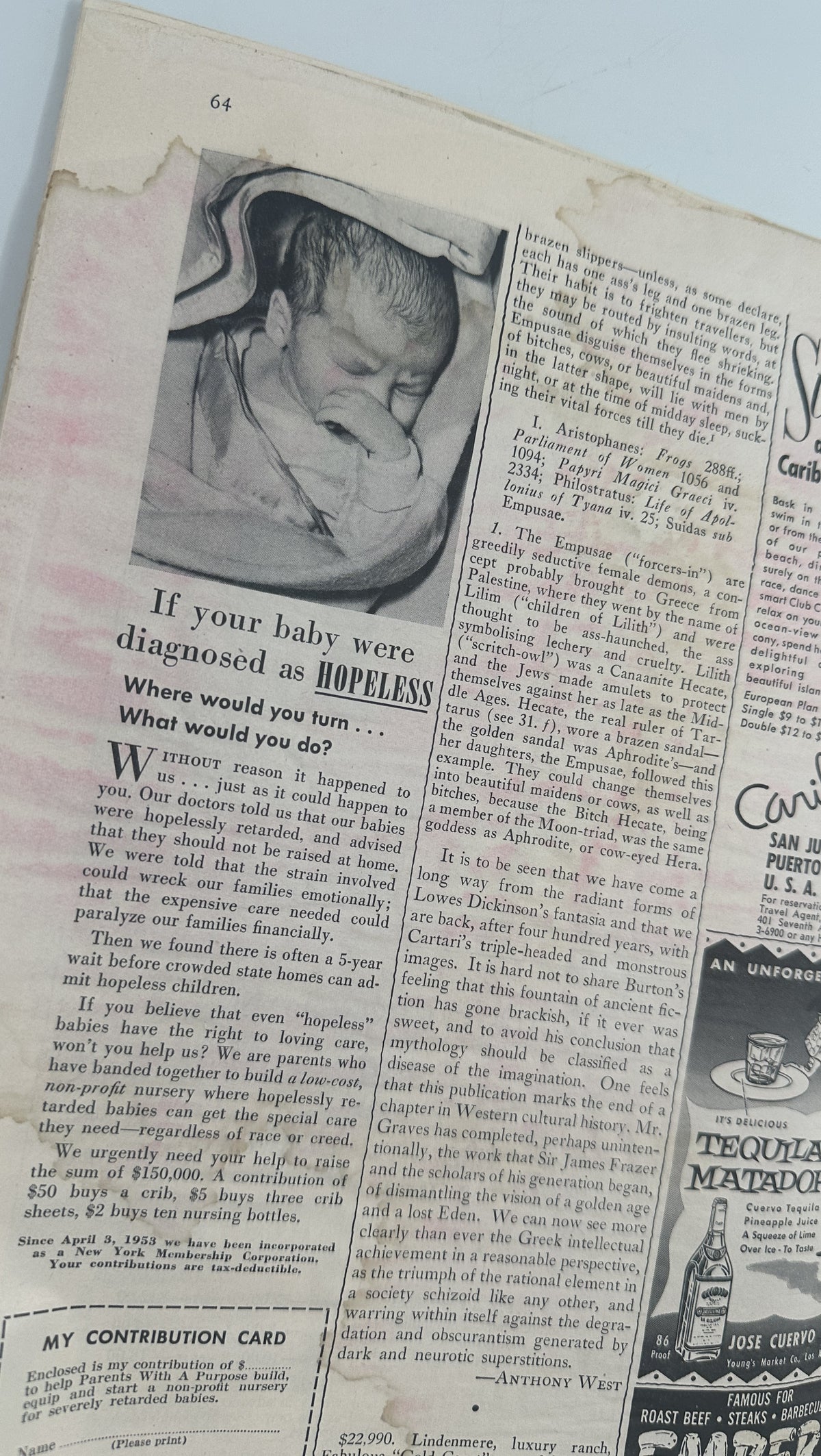 The New Yorker Magazine July 23, 1955 Picnic Music Score Ilonka Karasz Cover close-up of a worn interior page with a vintage baby photograph, medical advice article, and mid-century beverage advertisements