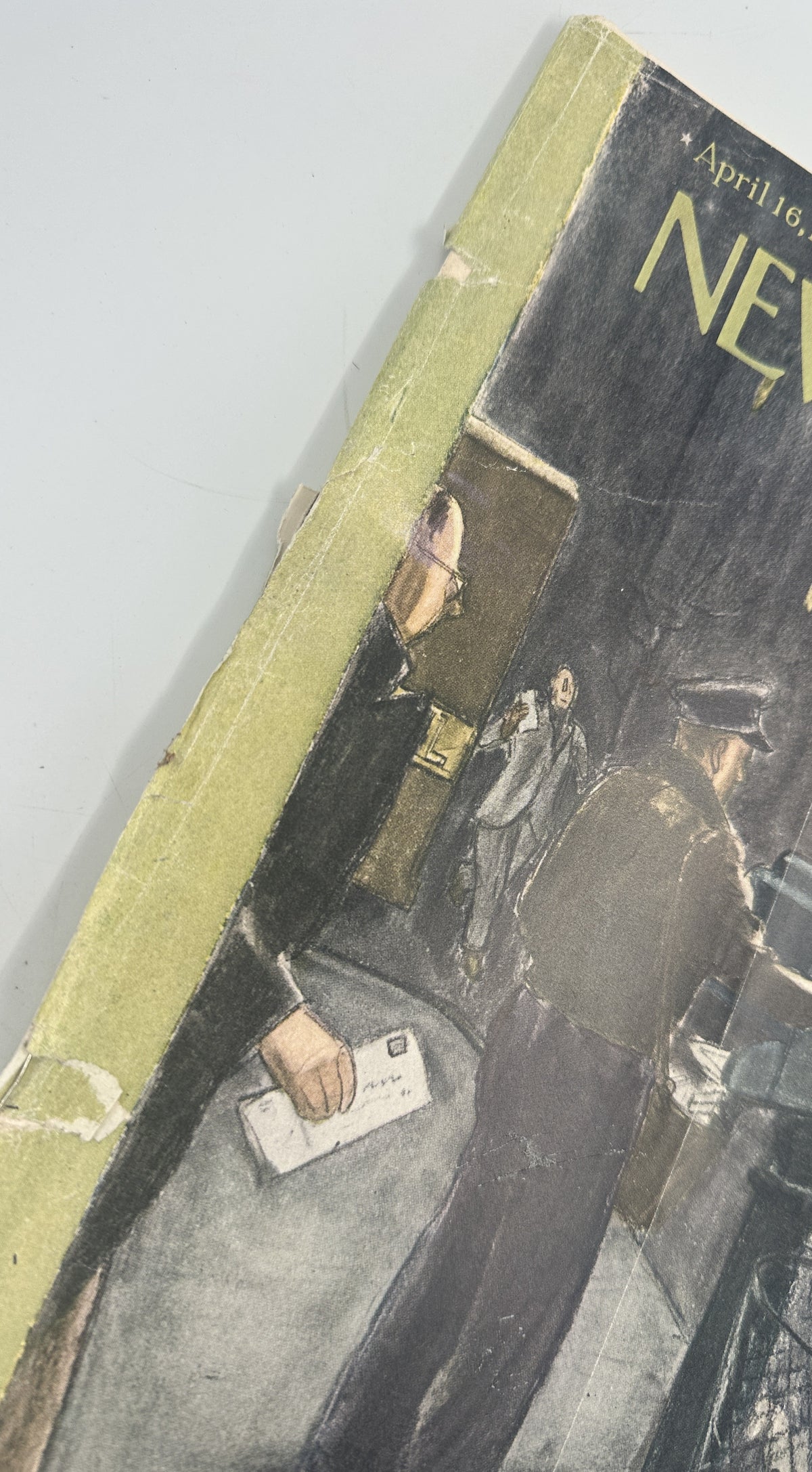 Close-up of The New Yorker Magazine April 16, 1955 Mailbox Letter Carrier Perry Barlow Cover showing the worn spine, cover creases, tears, and water-damaged condition.