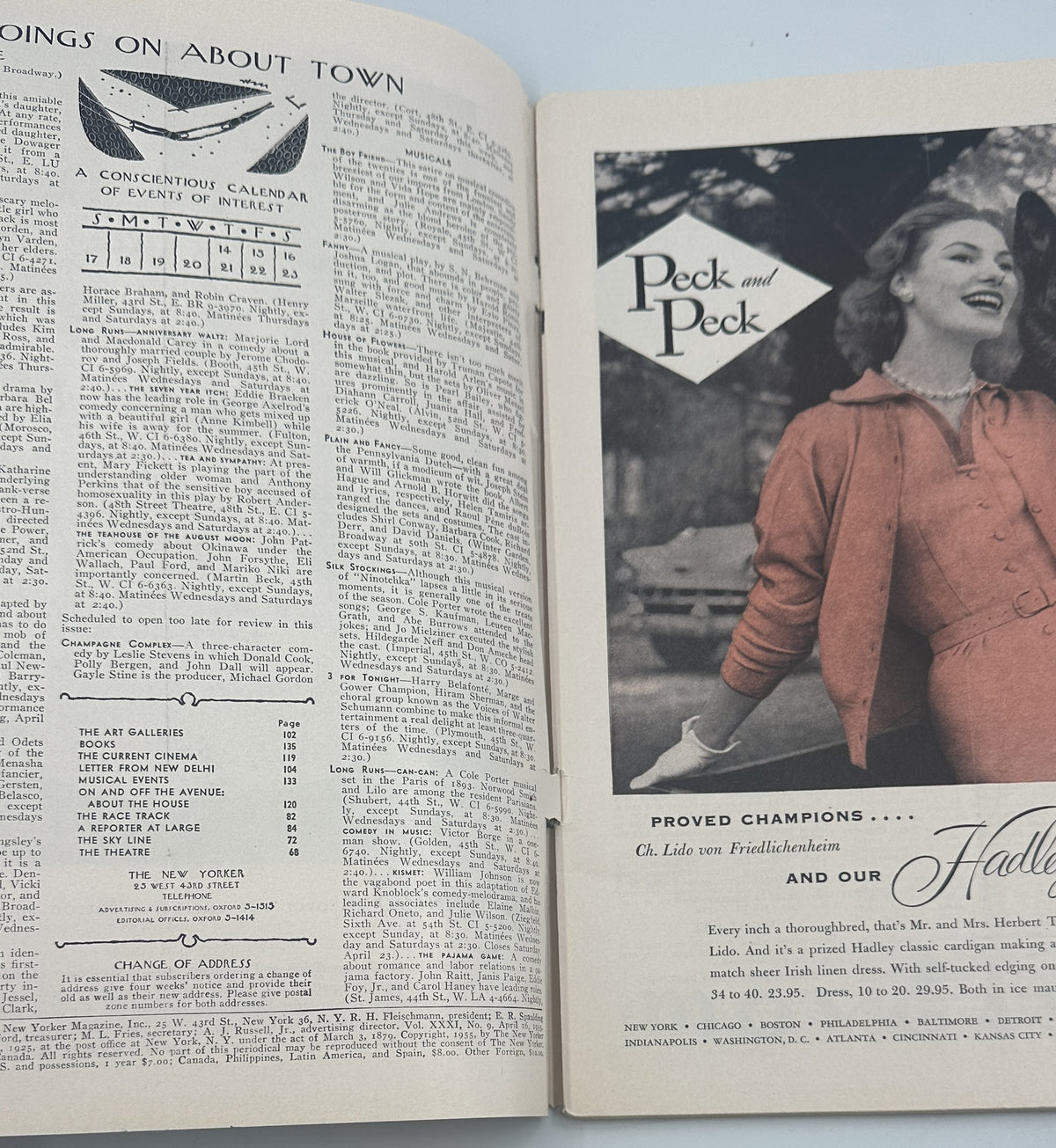 Interior spread from The New Yorker Magazine April 16, 1955 Mailbox Letter Carrier Perry Barlow Cover, featuring About Town listings, table of contents, and a Deck and Peck fashion advertisement.