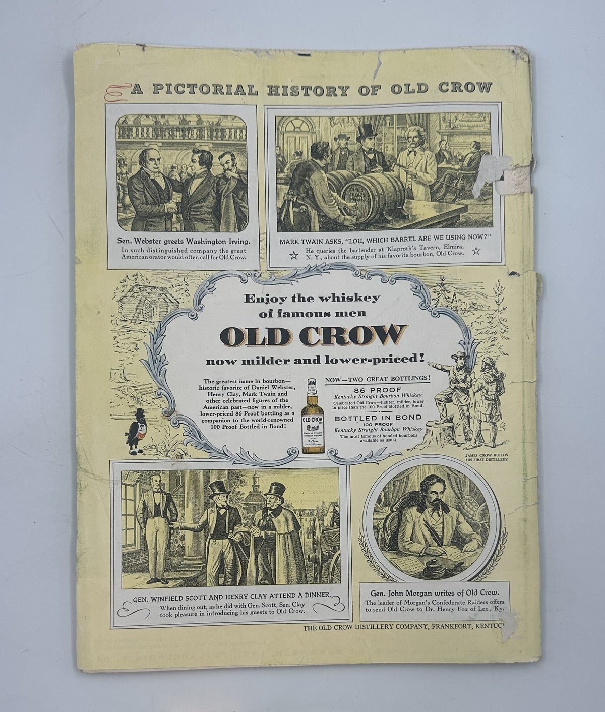 Full back cover of The New Yorker Magazine April 16, 1955 Mailbox Letter Carrier Perry Barlow Cover, featuring a vintage Old Crow whiskey advertisement with illustrated historical scenes.