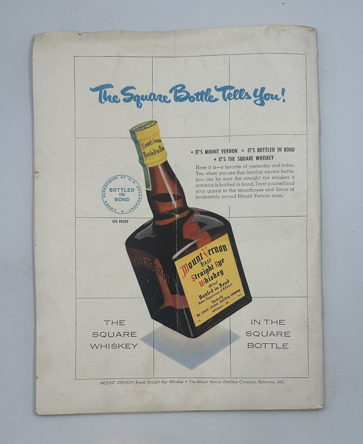 Vintage square whiskey bottle advertisement from The New Yorker Magazine August 11, 1951 Art Gallery Garrett Price Cover, featuring illustrated bourbon packaging and the slogan “The Square Bottle Tells You!”.