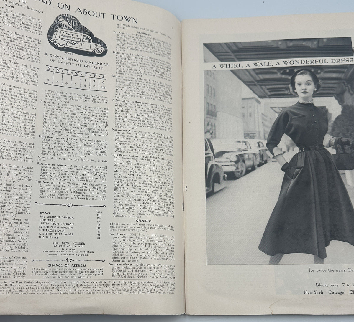 Interior pages of The New Yorker Magazine November 3, 1951 Ballet Dancer Spotlight Arthur Getz Cover, showing the table of contents and a vintage fashion feature with a woman in a dress.