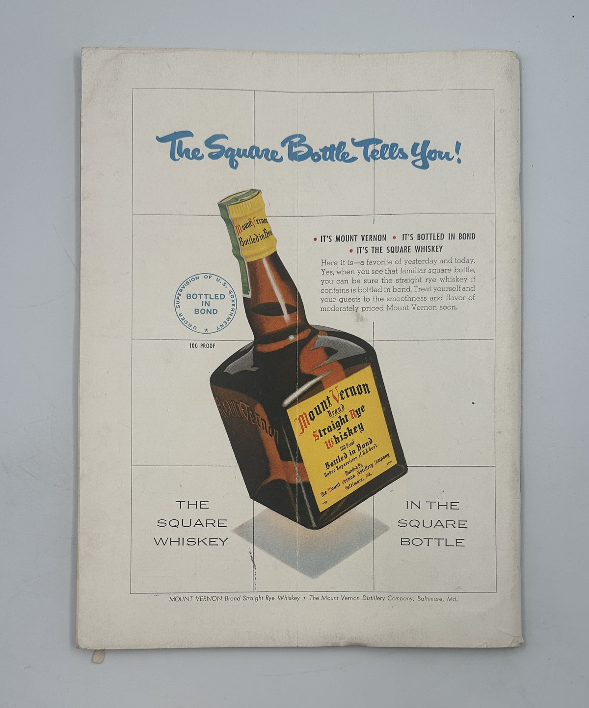 Vintage Square Whiskey advertisement inside The New Yorker Magazine November 3, 1951 Ballet Dancer Spotlight Arthur Getz Cover, showing a square bottle and illustrated whiskey packaging.