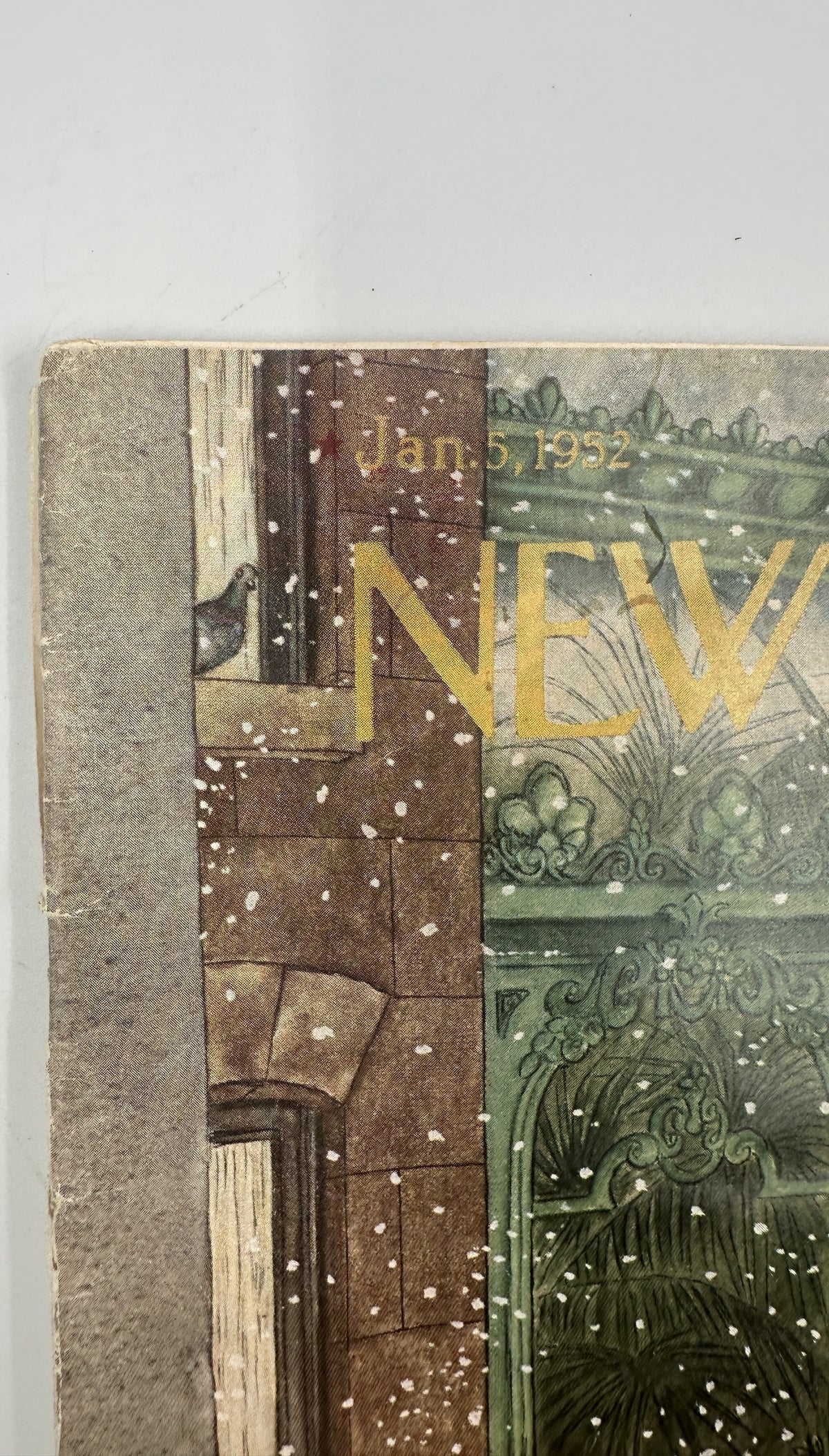 The New Yorker Magazine January 5, 1952 Snowy Flower Shop Mary Petty Cover close-up showing the worn spine, cover edge, and snowy storefront artwork.