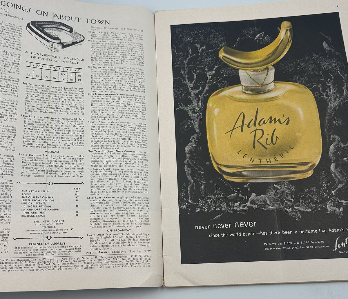 The New Yorker Magazine June 12, 1954 Beach House Roger Duvoisin Cover opened to interior pages showing the Going On About Town section and a vintage Adam's Rib perfume advertisement