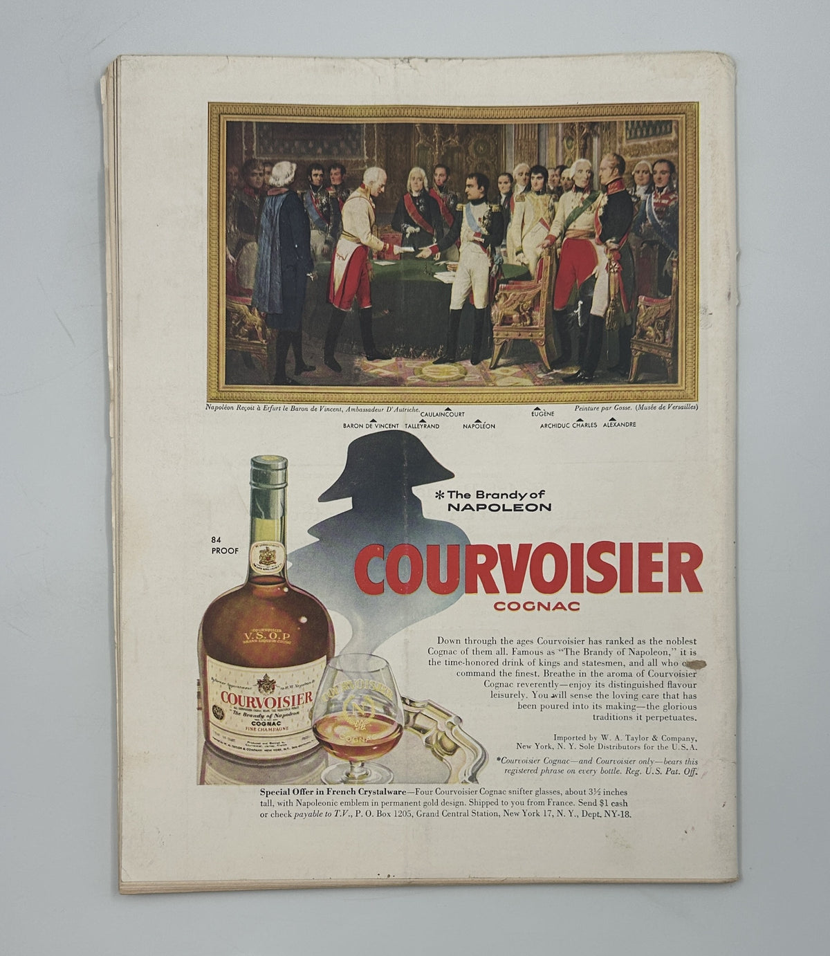The New Yorker Magazine April 5, 1958 Florist Garrett Price Cover back cover featuring a vintage Courvoisier cognac advertisement with Napoleon artwork and brandy bottle