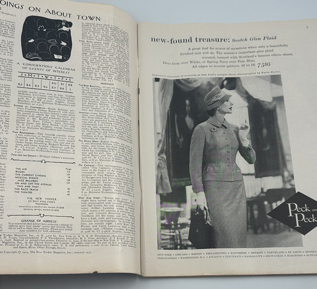 The New Yorker Magazine February 22, 1958 Top Hat Butterfly Rea Irvin Cover, interior spread featuring the On and About Town page and a vintage fashion advertisement with a woman in a tailored suit.