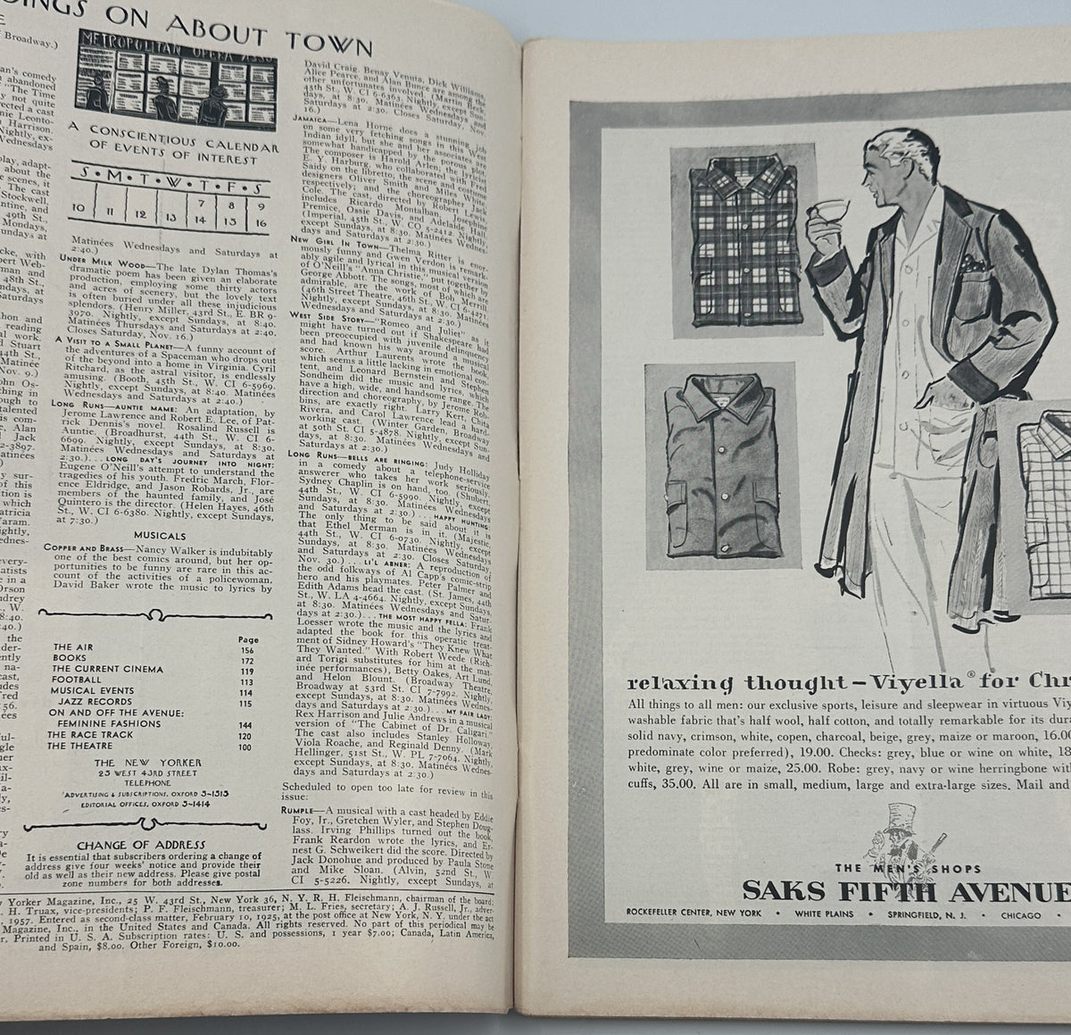 The New Yorker Magazine November 9, 1957 Horse Show Jump Arthur Getz Cover opened to an interior contents page and Saks Fifth Avenue men's fashion advertisement