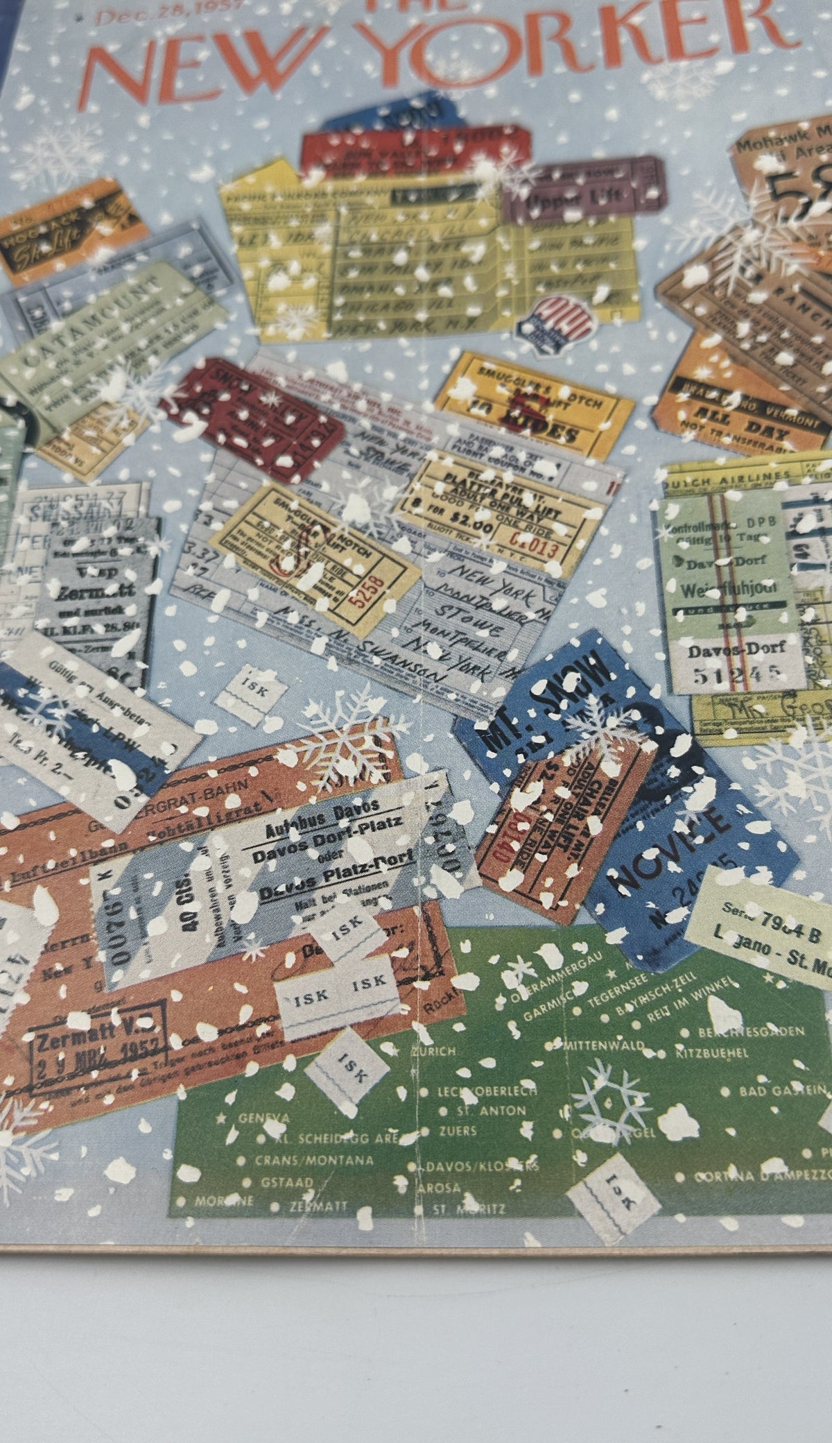 The New Yorker Magazine December 28, 1957 Ski Ticket Ilonka Karasz Cover, featuring a colorful illustrated collage of ski tickets and winter travel ephemera.