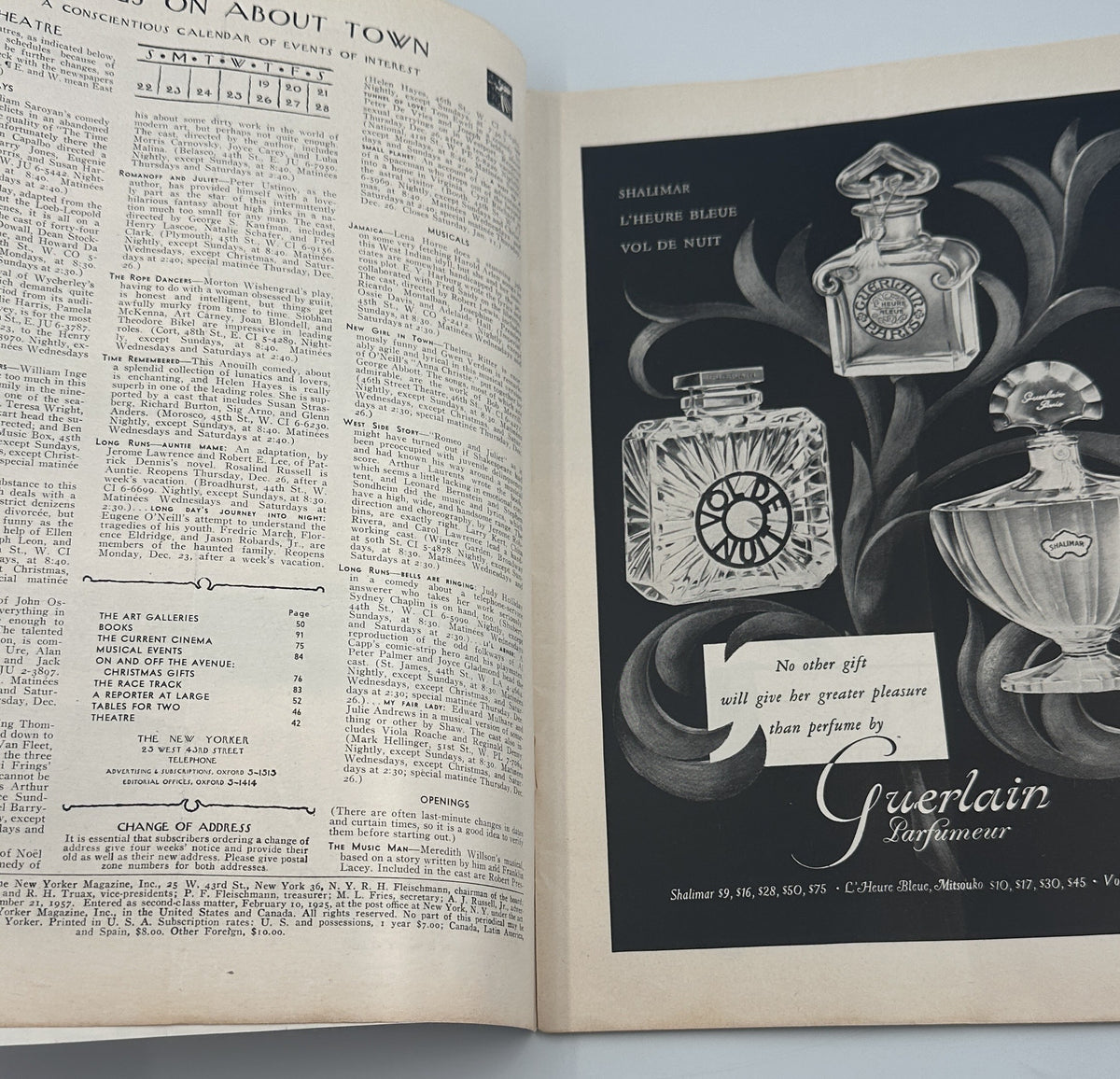 The New Yorker Magazine December 21, 1957 Reindeer Christmas Abe Birnbaum Cover, opened to an interior page with magazine contents and a vintage Guerlain perfume advertisement.