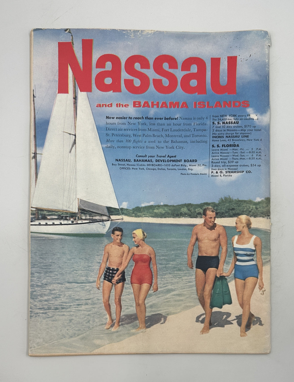 The New Yorker Magazine December 21, 1957 Reindeer Christmas Abe Birnbaum Cover listing image showing a vintage Nassau and the Bahama Islands travel cover with sailboat and beachgoers