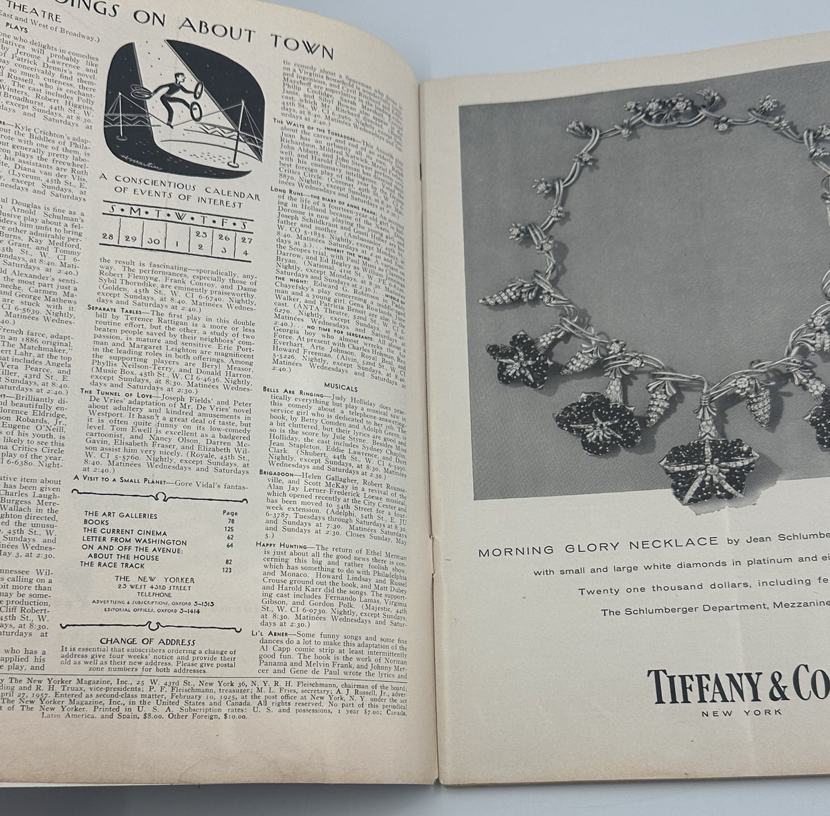 The New Yorker Magazine April 27, 1957 Demolition Crane Arthur Getz Cover interior pages showing magazine listings and a Tiffany & Co. Morning Glory necklace advertisement
