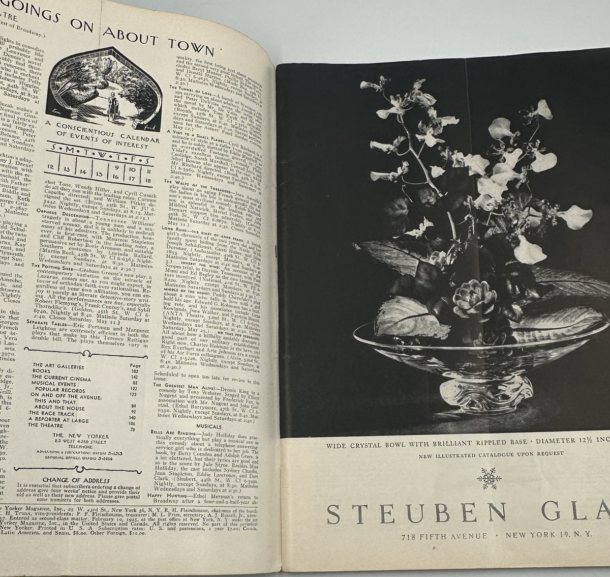The New Yorker Magazine May 11, 1957 Horse Show Ilonka Karasz Cover opened to interior pages featuring magazine text, a black-and-white floral Steuben Glass advertisement, and contents