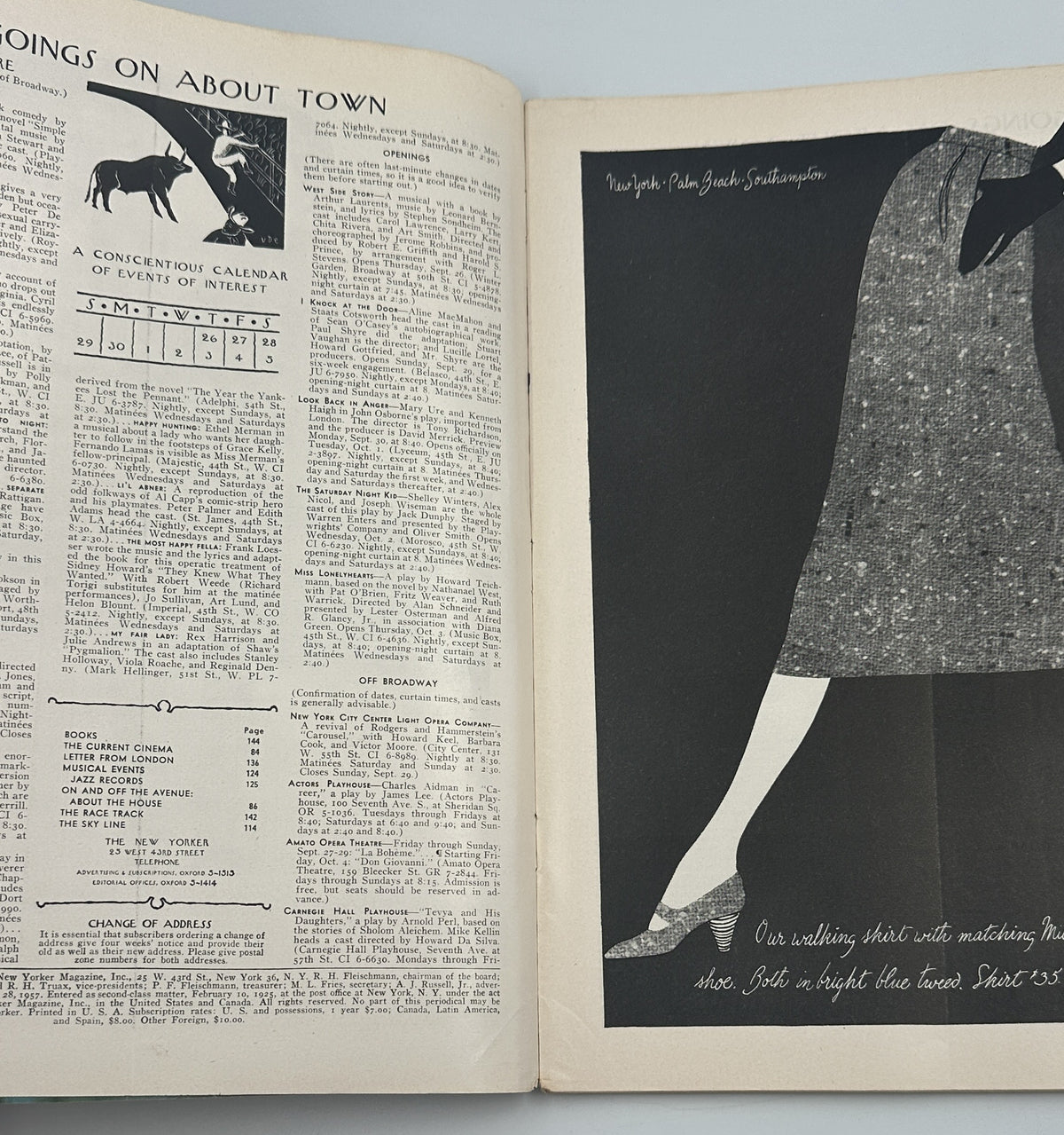 The New Yorker Magazine September 28, 1957 County Fair Ilonka Karasz Cover opened to interior pages showing the contents and a vintage black-and-white fashion advertisement.