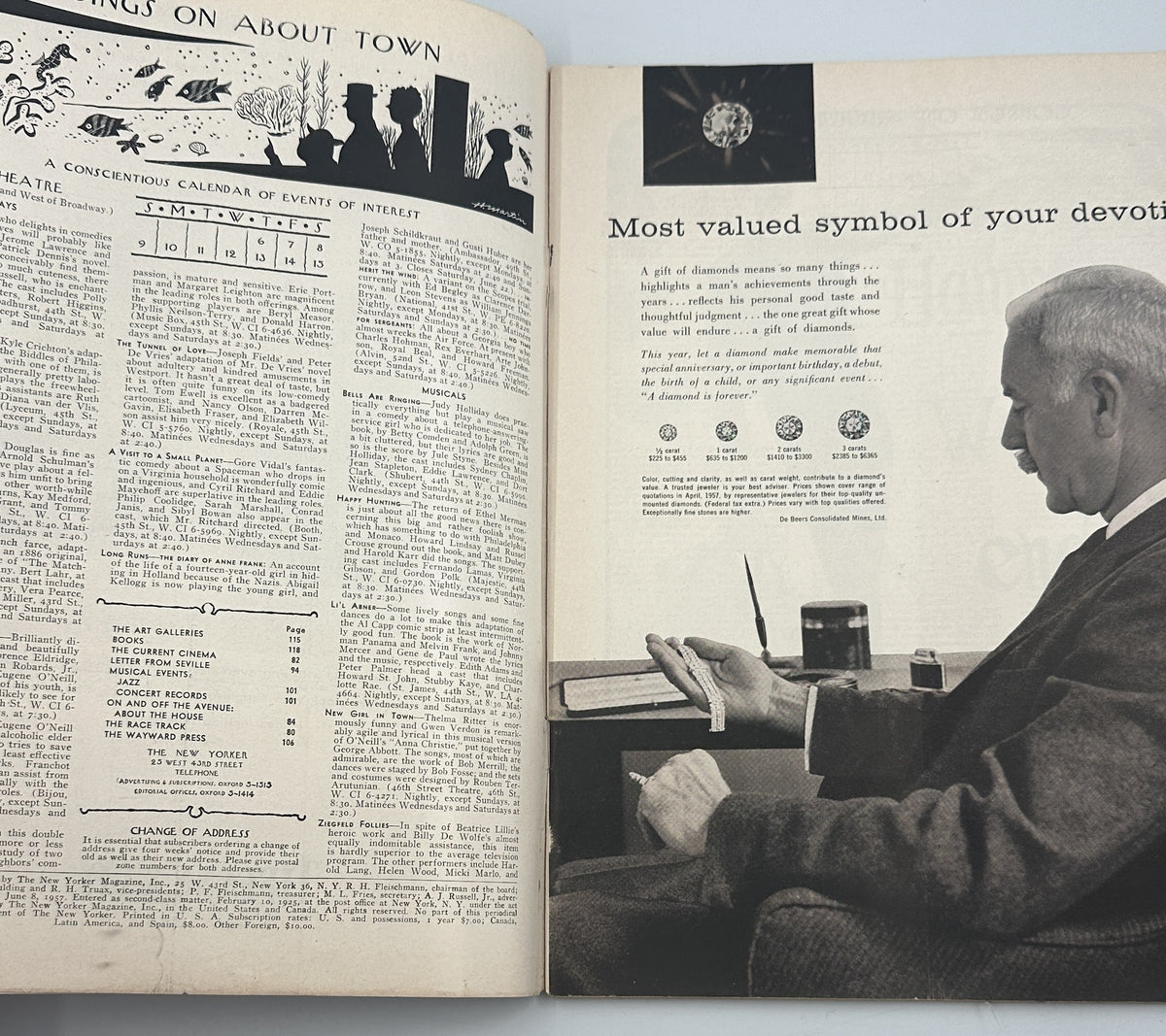 The New Yorker Magazine June 8, 1957 Church Interior Edna Eicke Cover interior pages showing magazine text, illustrations, and a black-and-white advertisement featuring a seated man