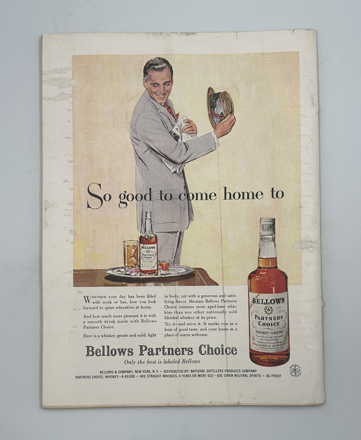 The New Yorker Magazine June 8, 1957 Church Interior Edna Eicke Cover featuring a vintage Bellows Partners Choice whiskey advertisement with a smiling man holding a hat and bottles on a table