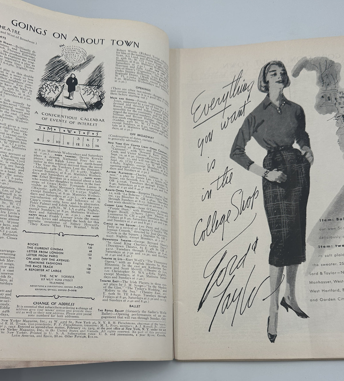 The New Yorker Magazine September 7, 1957 Night Traffic Garrett Price Cover, interior pages featuring Going On About Town listings and a vintage women's fashion illustration.