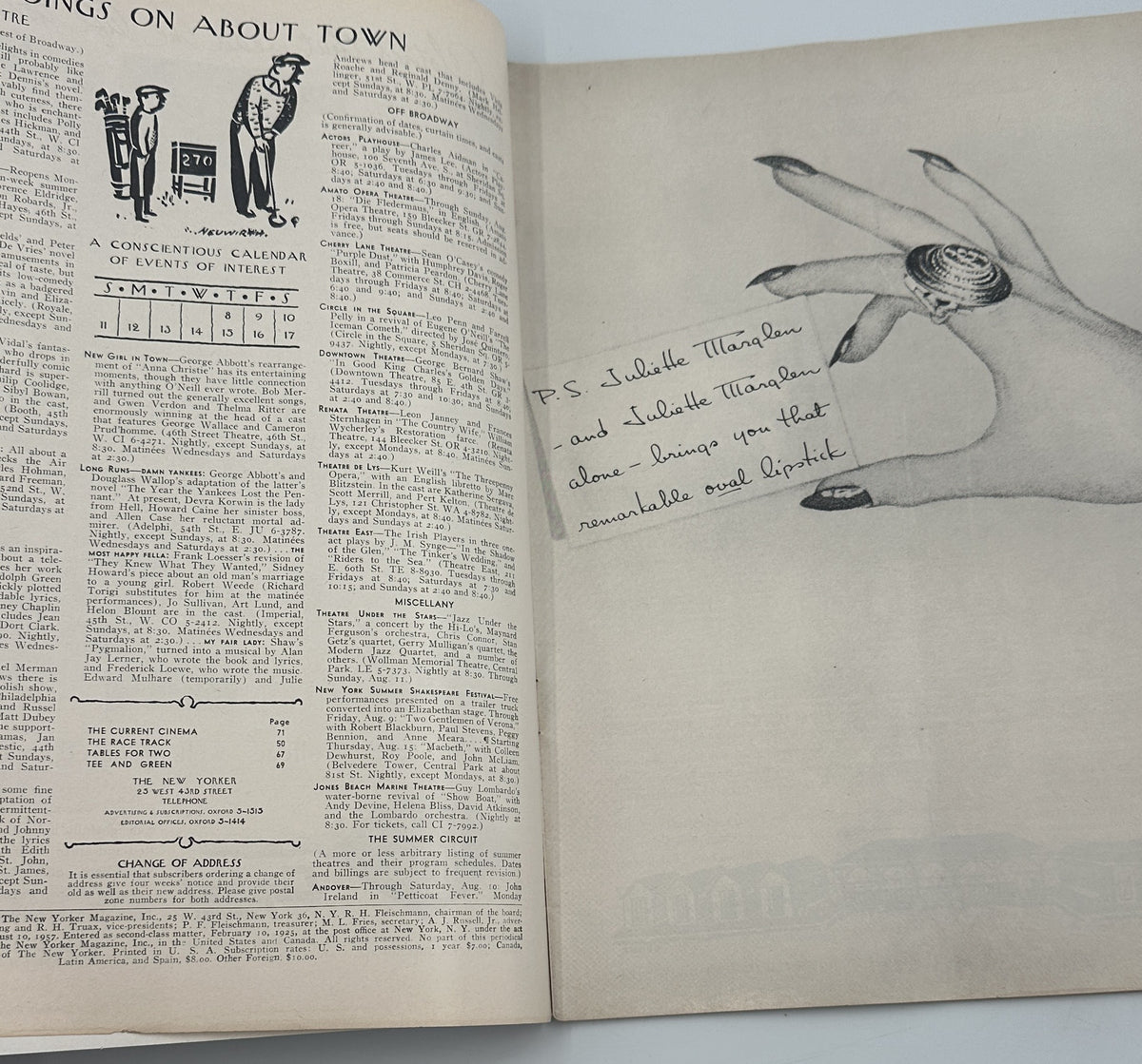 Interior pages from The New Yorker Magazine August 10, 1957 Navy Penguins Peter Arno Cover issue, showing vintage black-and-white cartoons, articles, and handwritten editorial notes.