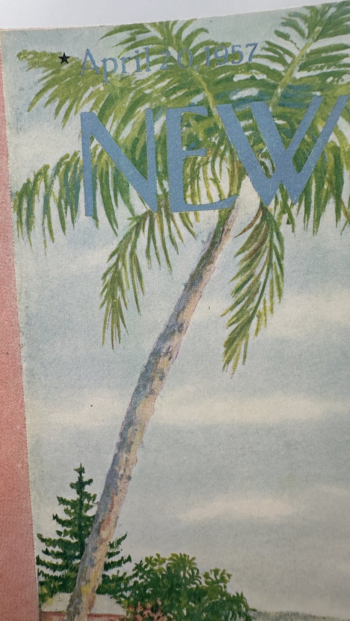 The New Yorker Magazine April 20, 1957 Tropical Lilies Edna Eicke Cover featuring a vintage tropical palm tree illustration and blue New Yorker title lettering.