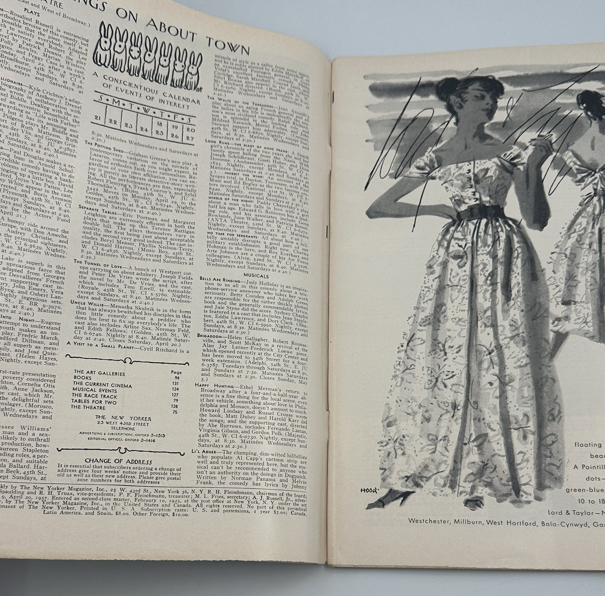 The New Yorker Magazine April 20, 1957 Tropical Lilies Edna Eicke Cover interior spread showing magazine contents alongside a vintage floral fashion advertisement.