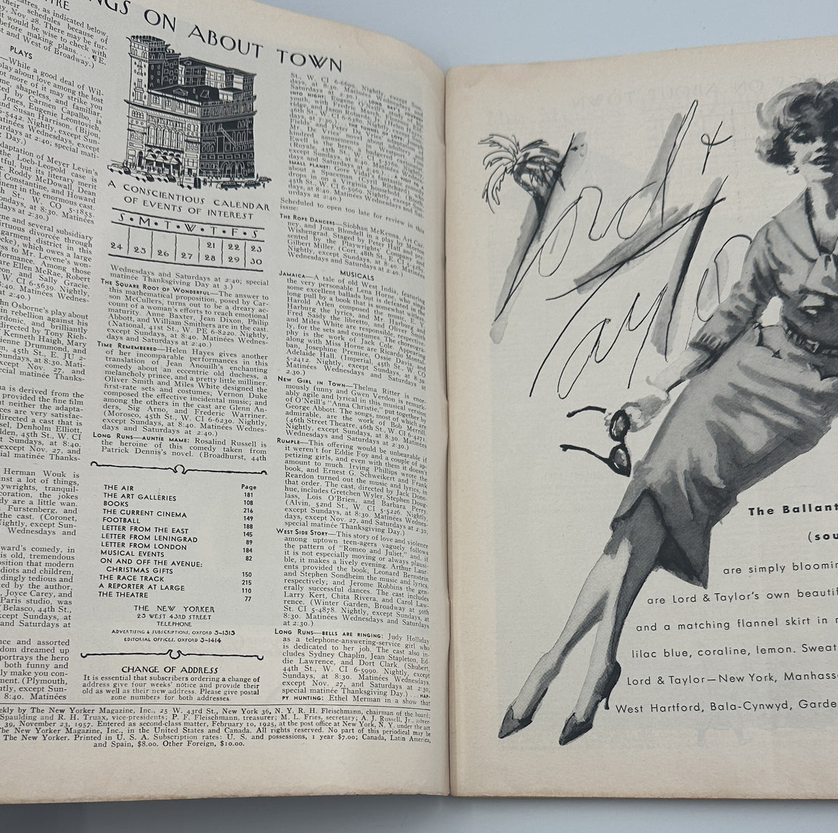 The New Yorker Magazine November 23, 1957 Produce Market Ilonka Karasz Cover opened to interior pages showing magazine listings, articles, and a vintage fashion illustration.