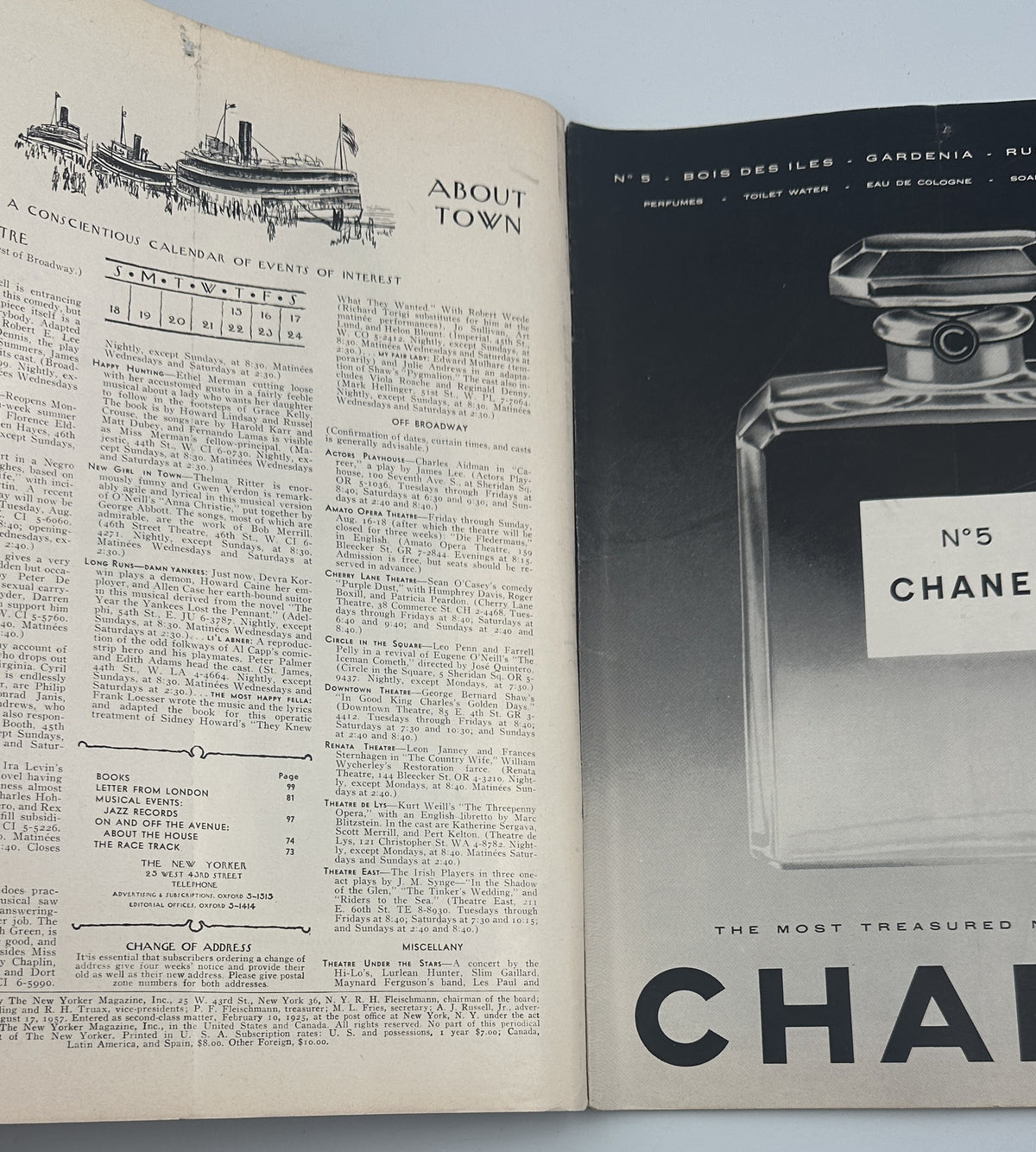 The New Yorker Magazine August 17, 1957 Horse Race Garrett Price Cover, open to the About Town contents page beside a vintage Chanel No. 5 perfume advertisement.
