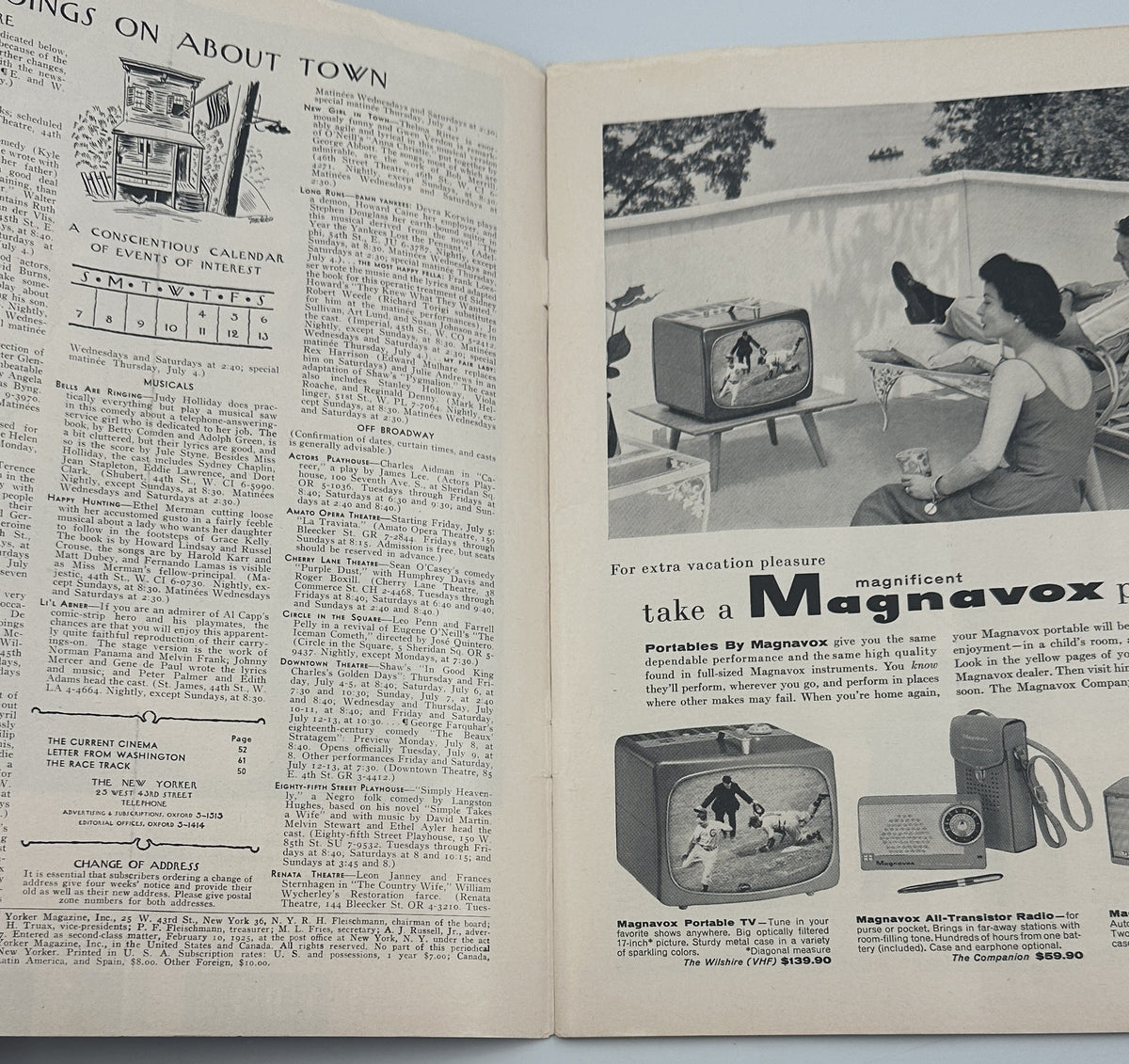 The New Yorker Magazine July 6, 1957 Fireworks Display Ilonka Karasz Cover shown open to interior pages with editorial text and a vintage Magnavox television advertisement.