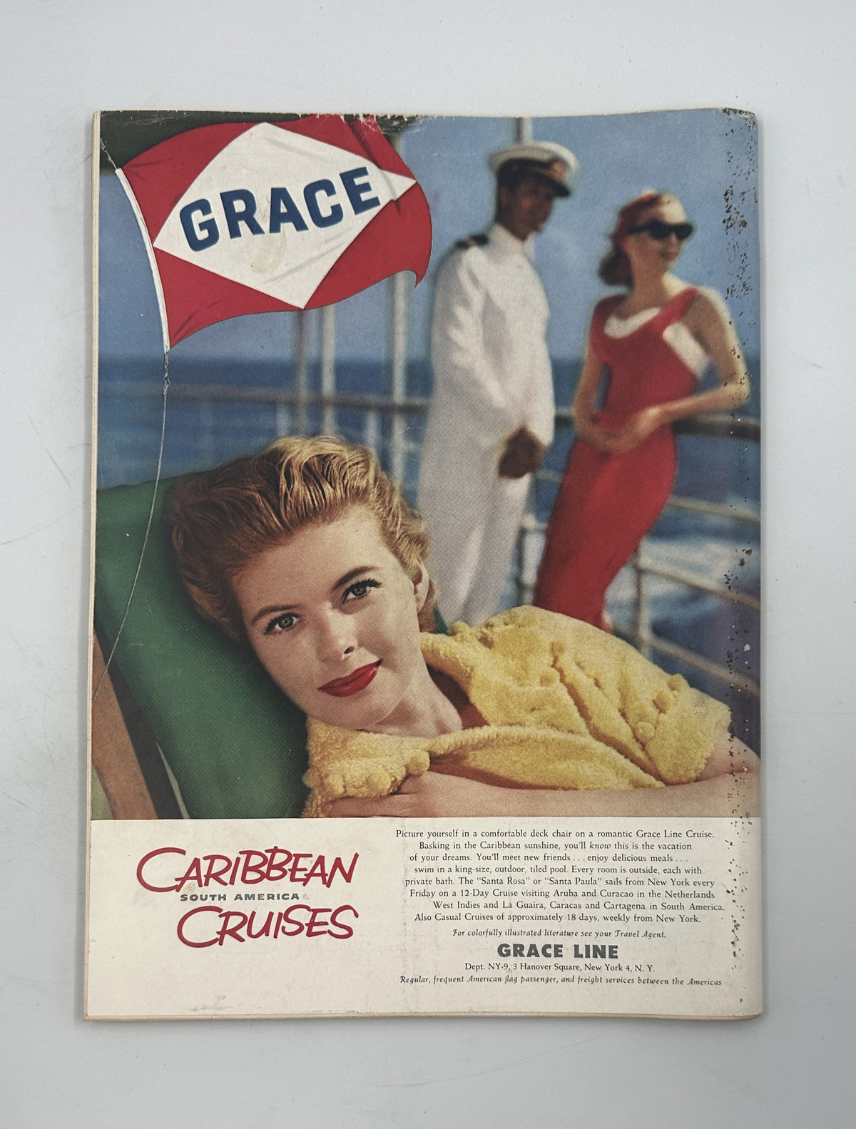 The New Yorker Magazine September 21, 1957 Scuba Diver Shipwreck Charles Addams Cover, reverse cover featuring a Grace Line Caribbean Cruises advertisement with a woman relaxing on deck.