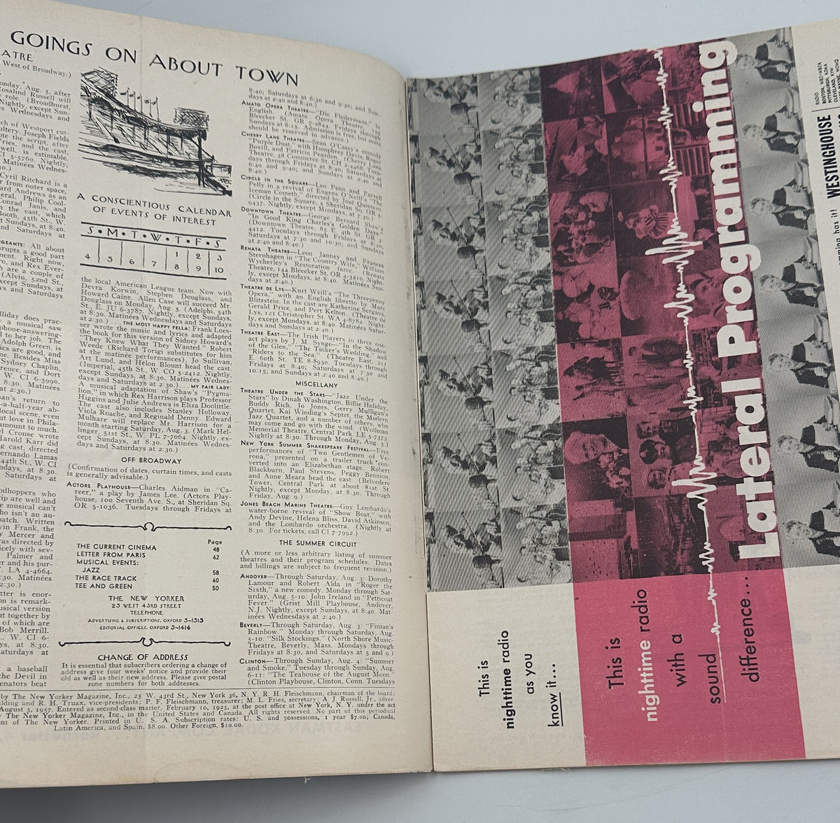 The New Yorker Magazine August 3, 1957 Campfire Singing Perry Barlow Cover, interior spread featuring the Going On About Town section, illustrated listings, and vintage radio advertisement.