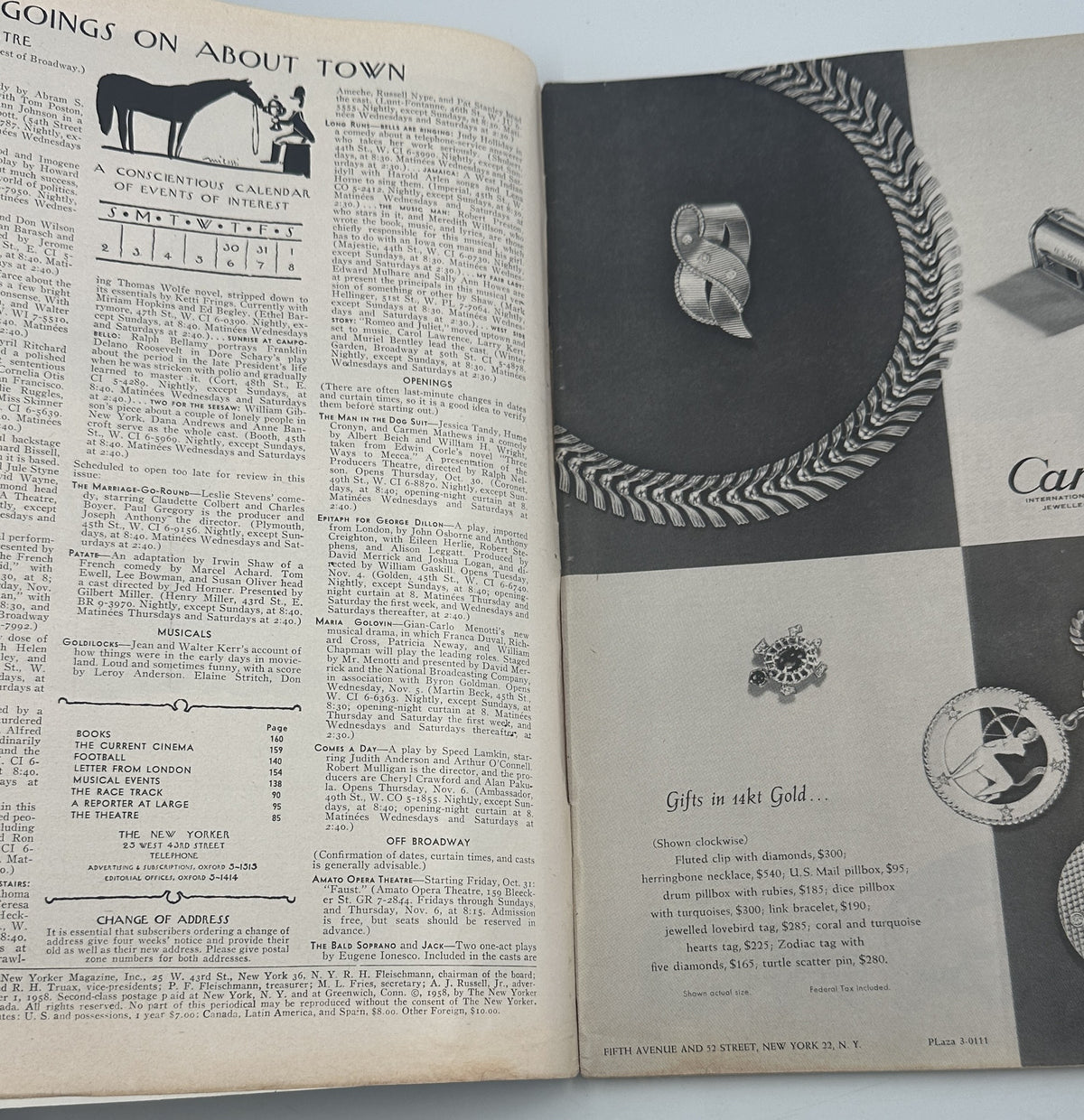 The New Yorker Magazine November 1, 1958 Halloween Trick or Treat William Steig Cover interior pages showing Going Ons About Town listings and a vintage jewelry advertisement