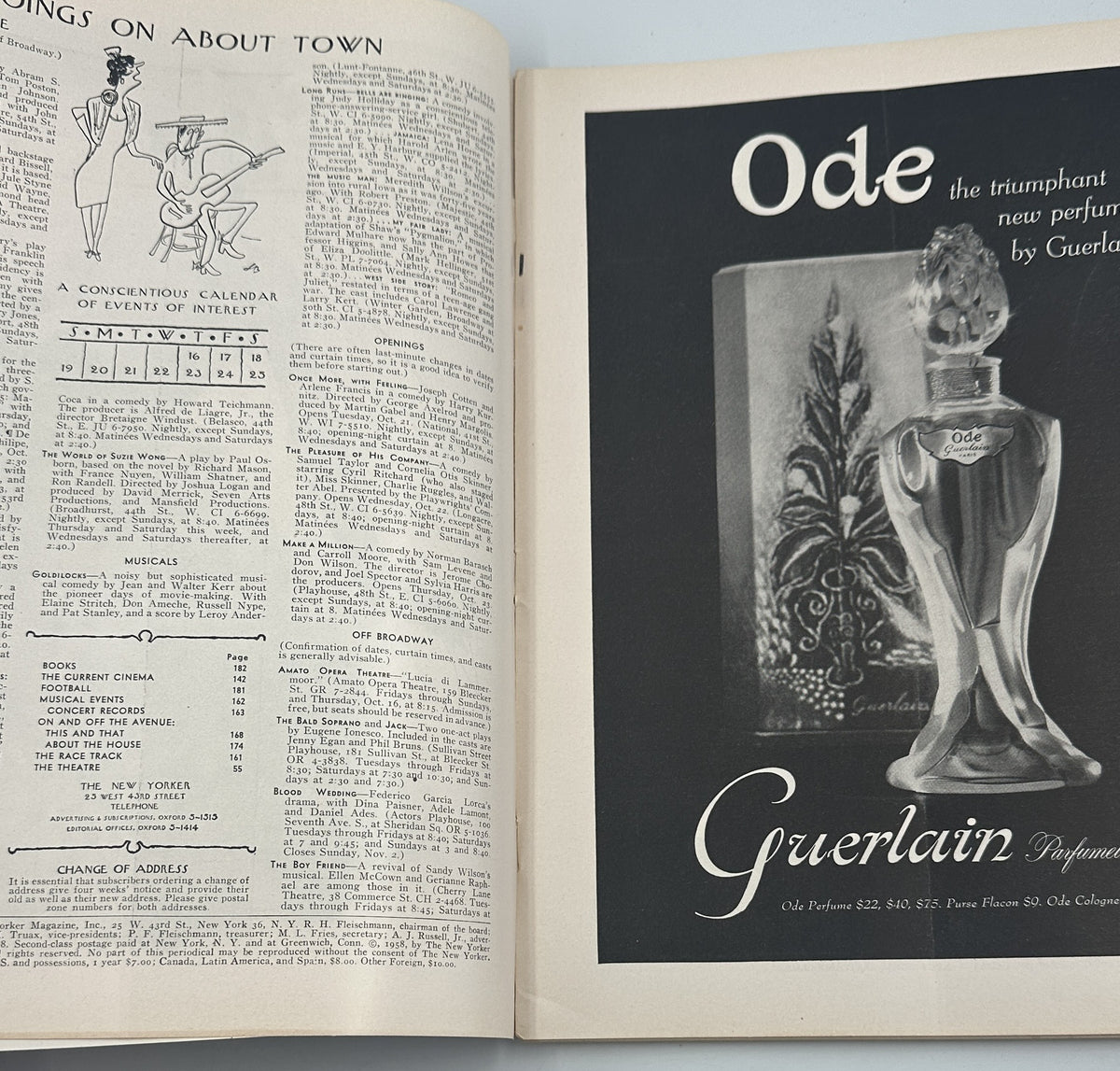 The New Yorker Magazine October 18, 1958 Cider Stand Robert Kraus Cover opened to interior pages showing the table of contents, cartoons, and a vintage Guerlain Ode perfume advertisement.