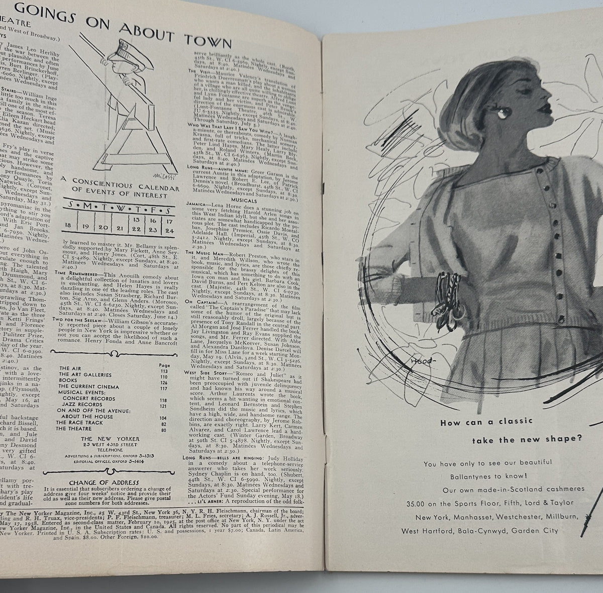 The New Yorker Magazine May 17, 1958 Seaside Seagulls Abe Birnbaum Cover open interior pages featuring Going on About Town listings and a vintage fashion illustration