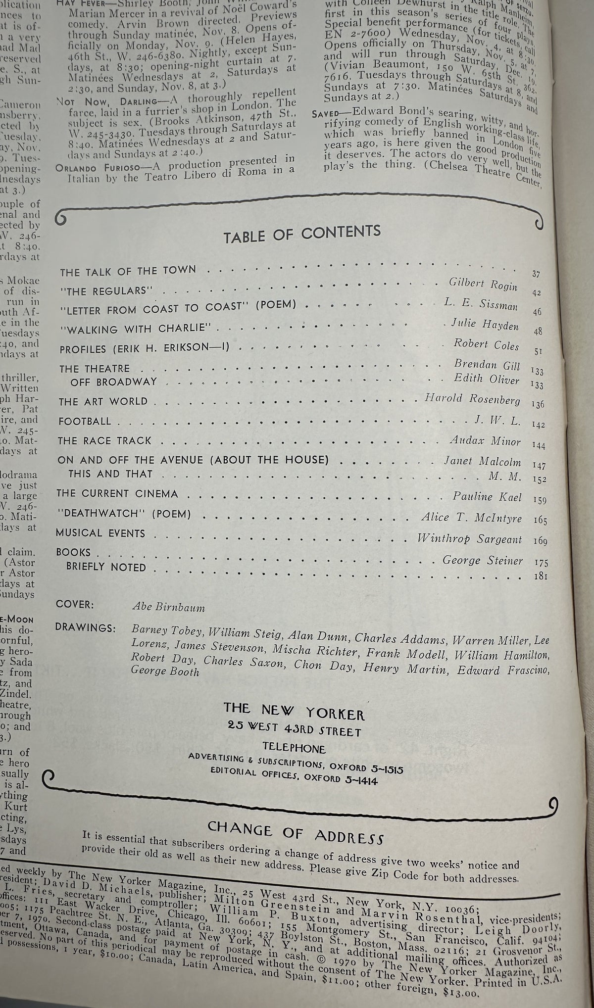 The New Yorker Magazine November 7, 1970 Autumn Road Falling Leaves Abe Birnbaum VG table of contents page with articles, poems, reviews, and feature listings.
