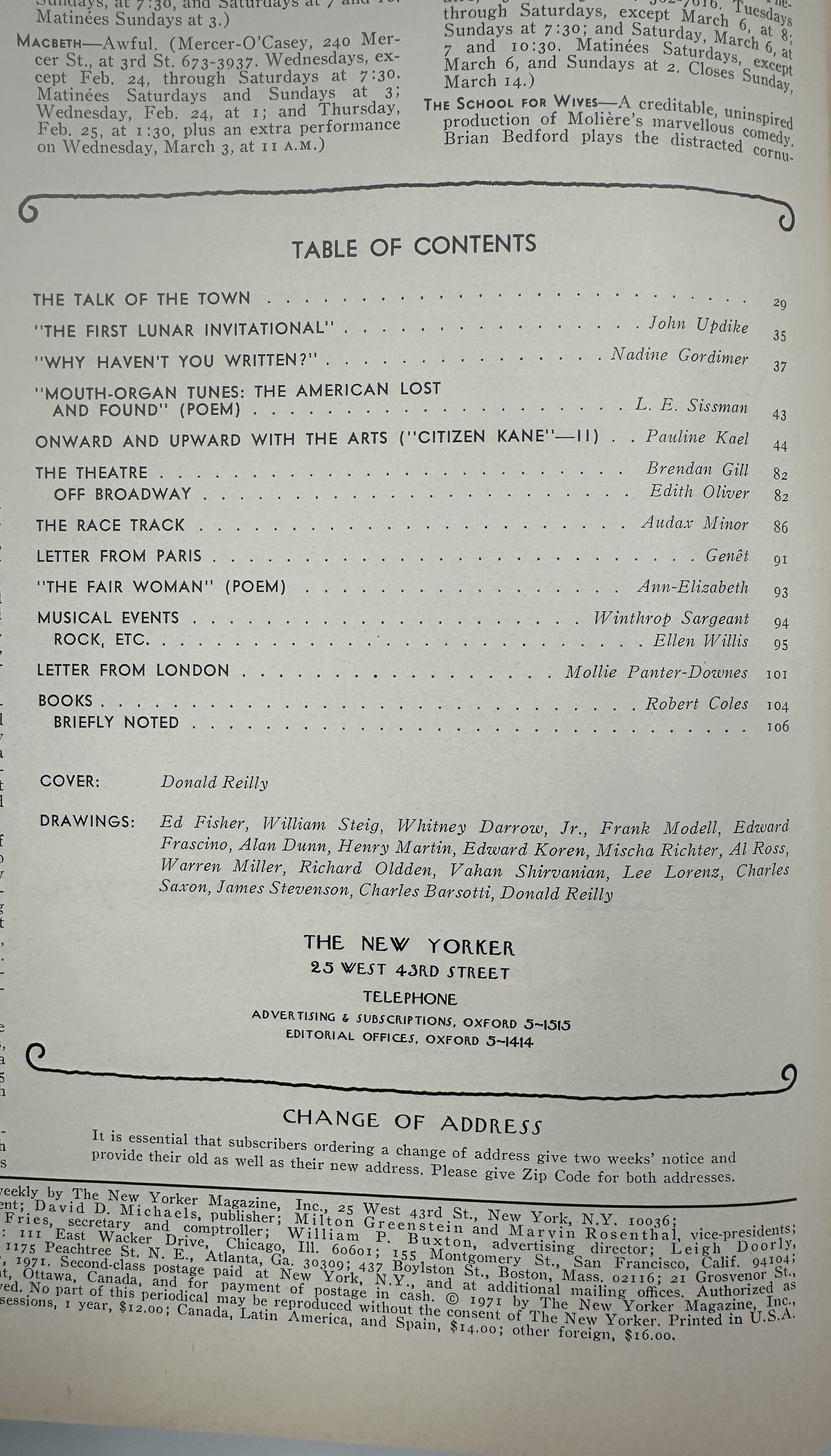 The New Yorker Magazine February 27, 1971 Snowmobile Ski Slope Donald Reilly Cover VG, showing the issue's table of contents, cover credit, drawings credits, and publication details.