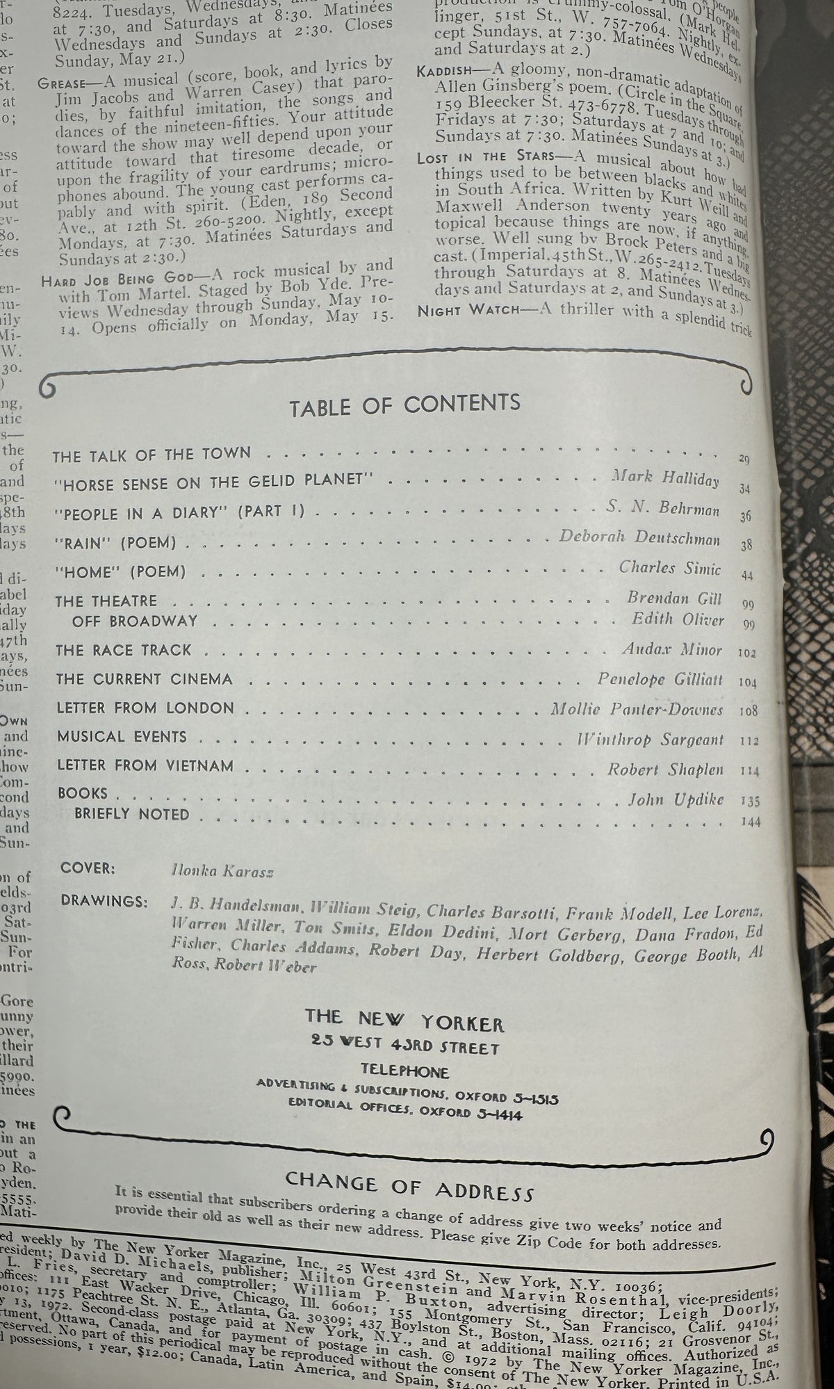 The New Yorker Magazine May 13, 1972 Pastel Kite Spring Landscape Ilonka Karasz Cover VG opened to the table of contents page with articles, poems, drawings, and cover credit details