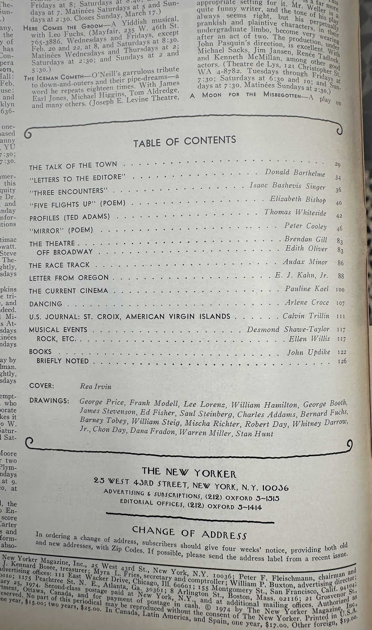 The New Yorker Magazine February 25, 1974 Top Hat Gentleman Butterfly Rea Irvin Cover VG, showing the interior table of contents and magazine listings.